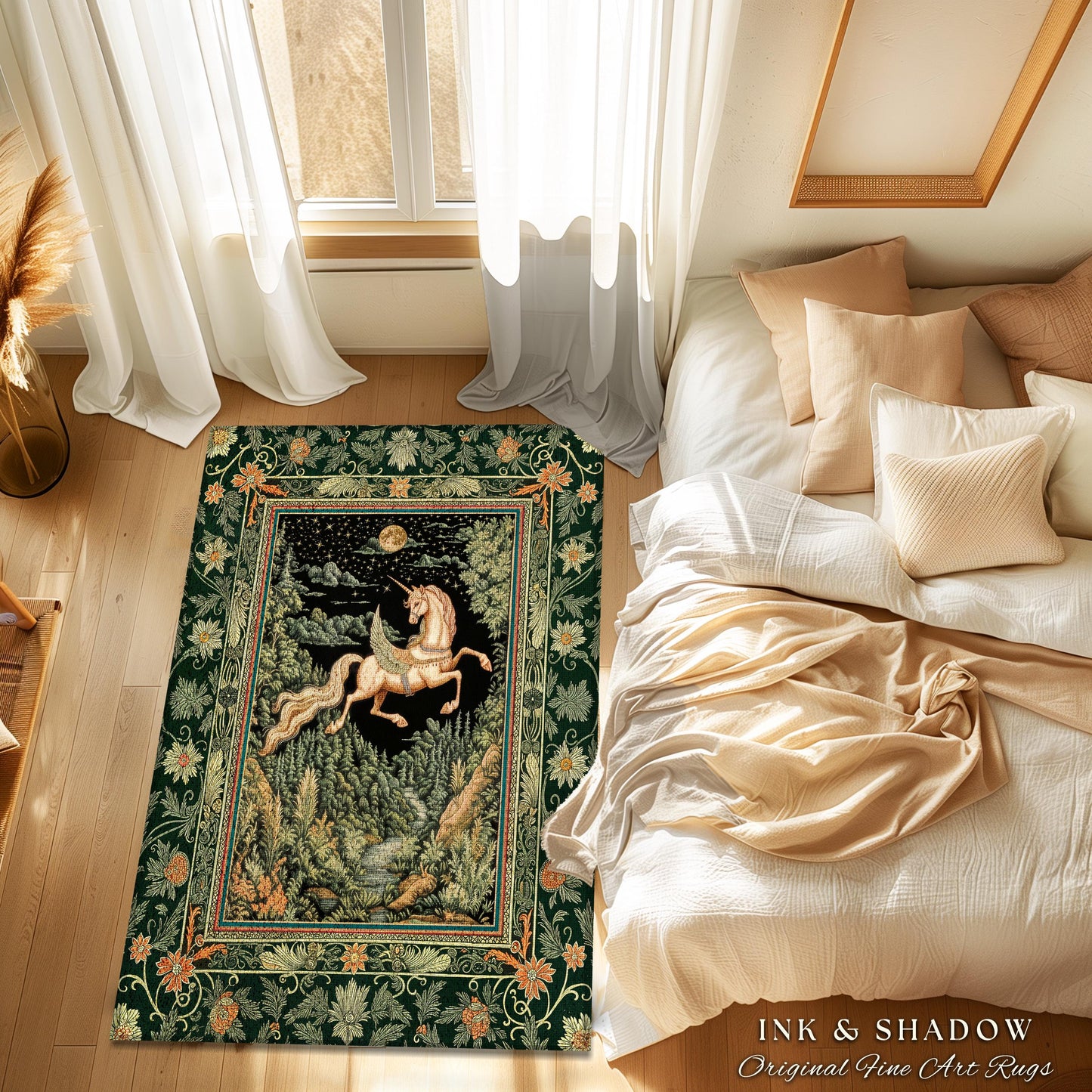 Renaissance Fantasy Pegasus Unicorn Rug | Regal Fairytale Decor Romantic Baroque Room Maximalist Castlecore Style Mystical Accent Rug Boho |