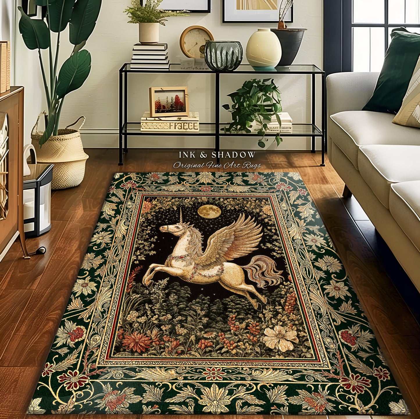 Baroque Flying Unicorn Area Rug | Enchanted Forest Pegasus Fairytale Decor Castle Aesthetic Maximalist Regal Bedroom Fantasy Gothic Style |