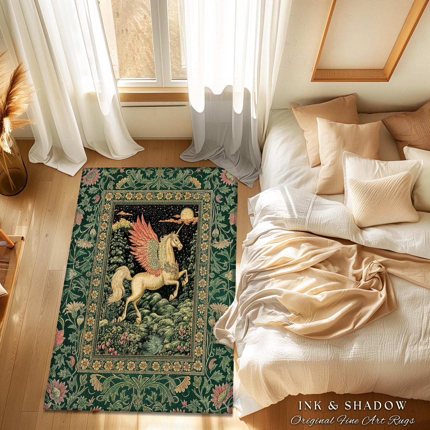 Verdant Landscape Celestial Unicorn Rug | Fairytale Forest Decor Castlecore Maximalist Romantic Baroque Pegasus Fantasy Accent Goth Bedroom