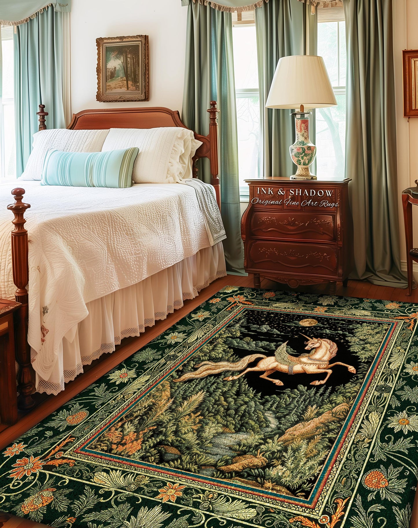 Renaissance Fantasy Pegasus Unicorn Rug | Regal Fairytale Decor Romantic Baroque Room Maximalist Castlecore Style Mystical Accent Rug Boho |