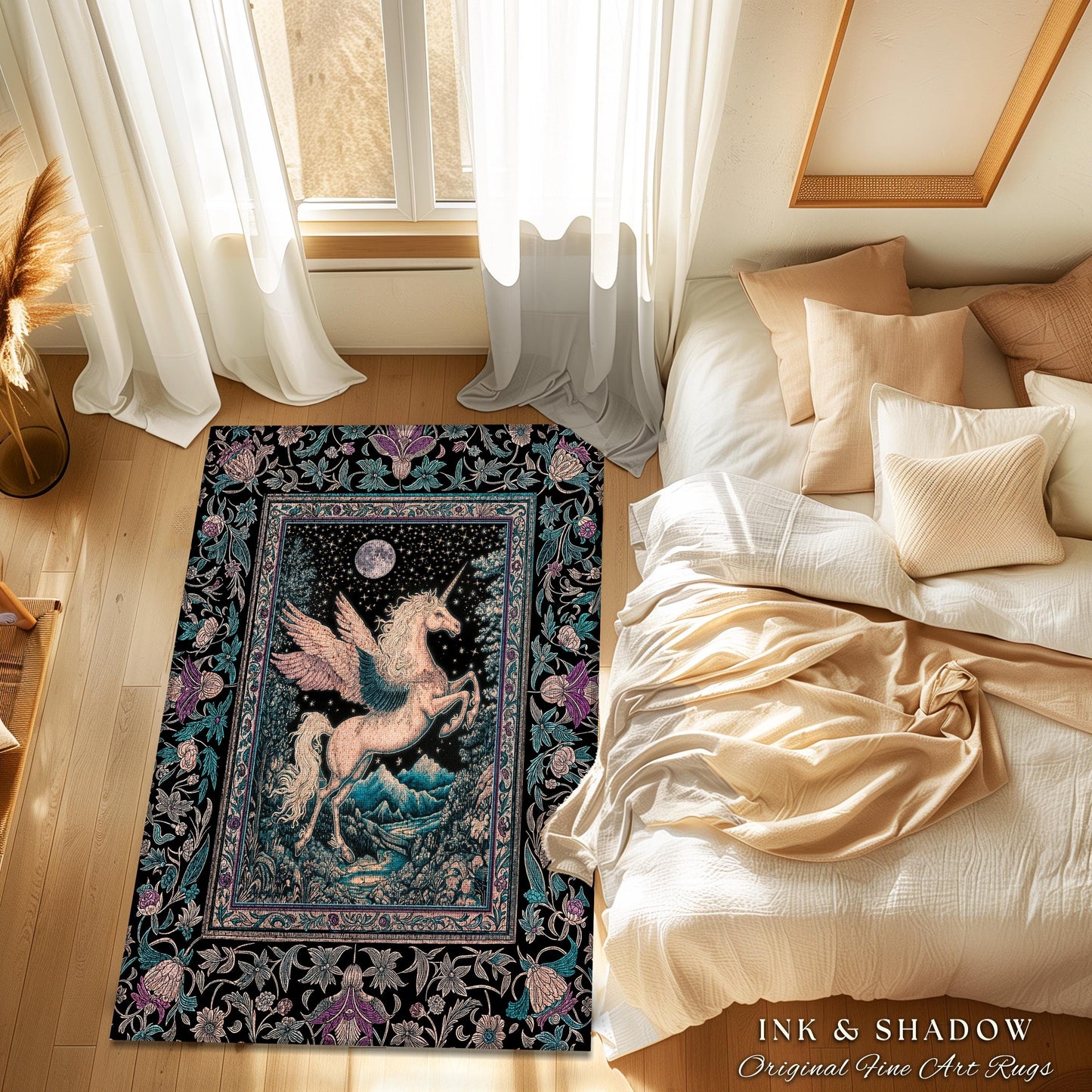 Pastel Moonlight Rustic Pegasus Rug | Baroque Fairytale Decor Whimsical Cottagecore Accent Fantasy Boho Forest Regal Castlecore Maximalist |