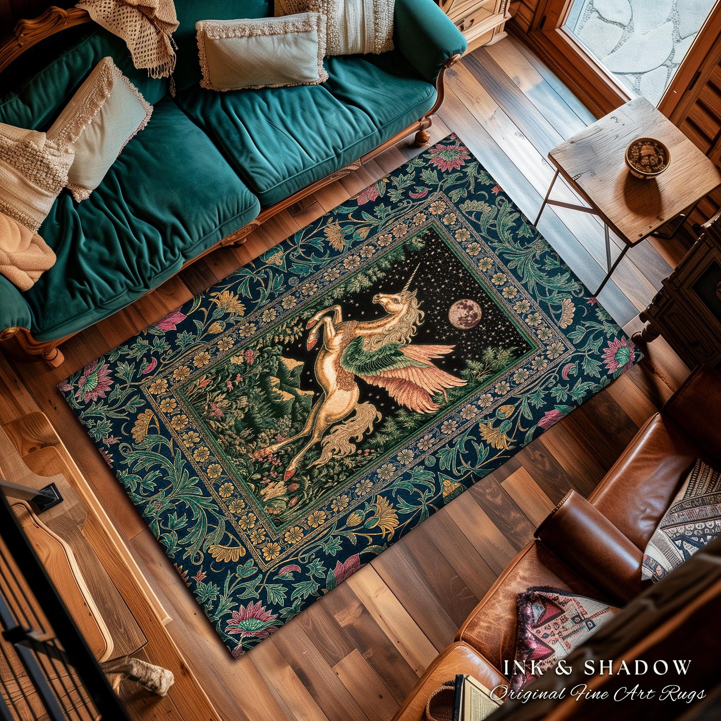 Winged Unicorn Full Moon Fantasy Rug | Enchanted Forest Fairytale Decor Baroque Regal Castlecore Style Romantic Maximalist Fantasy Gothic |
