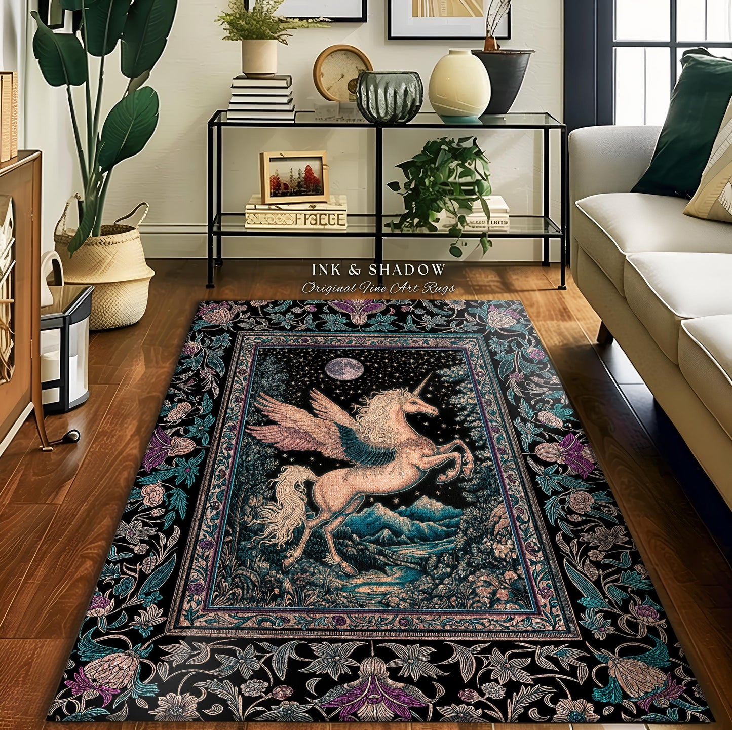 Pastel Moonlight Rustic Pegasus Rug | Baroque Fairytale Decor Whimsical Cottagecore Accent Fantasy Boho Forest Regal Castlecore Maximalist |