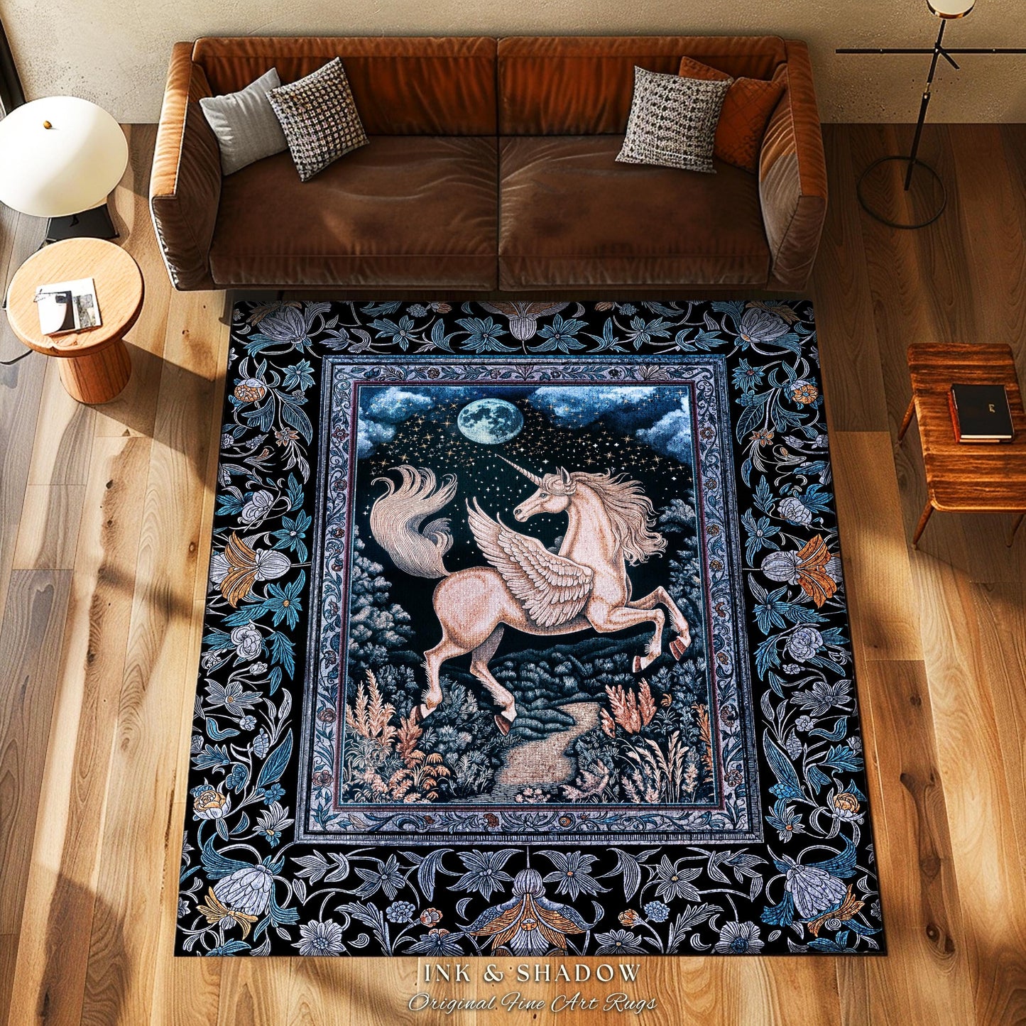 Starlit Blue Pegasus Ethereal Rug | Mystical Castlecore Decor Fairytale Baroque Accent Regal Fantasy Moonlight Forest Maximalist Romantic |