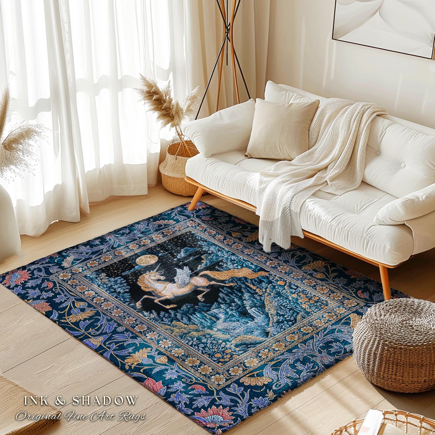 Moody Fantasy Mystic Pegasus Rug | Enchanted Forest Landscape Midnight Sky Unicorn Decor Regal Baroque Fairytale Accent Romantic Castlecore