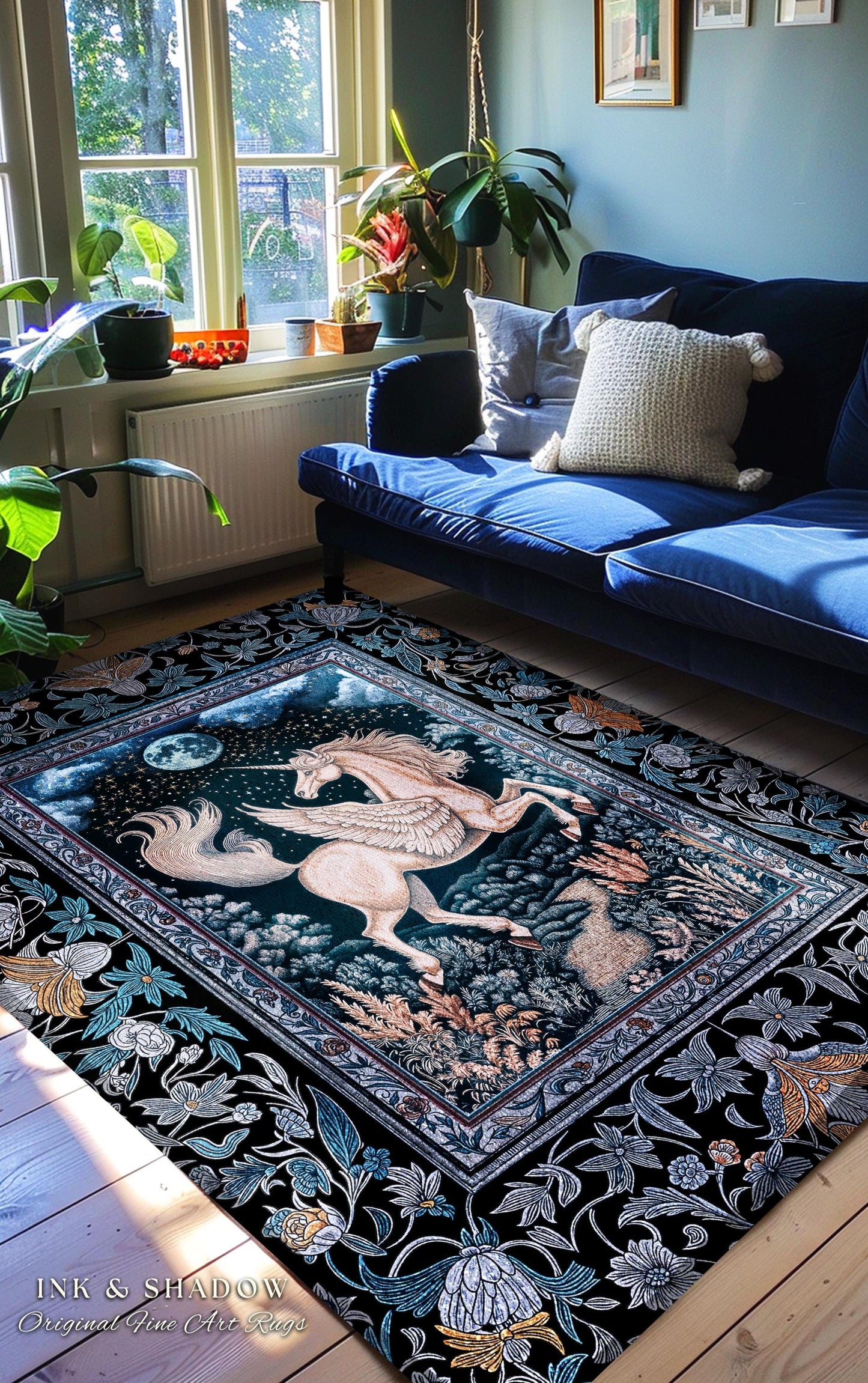Starlit Blue Pegasus Ethereal Rug | Mystical Castlecore Decor Fairytale Baroque Accent Regal Fantasy Moonlight Forest Maximalist Romantic |