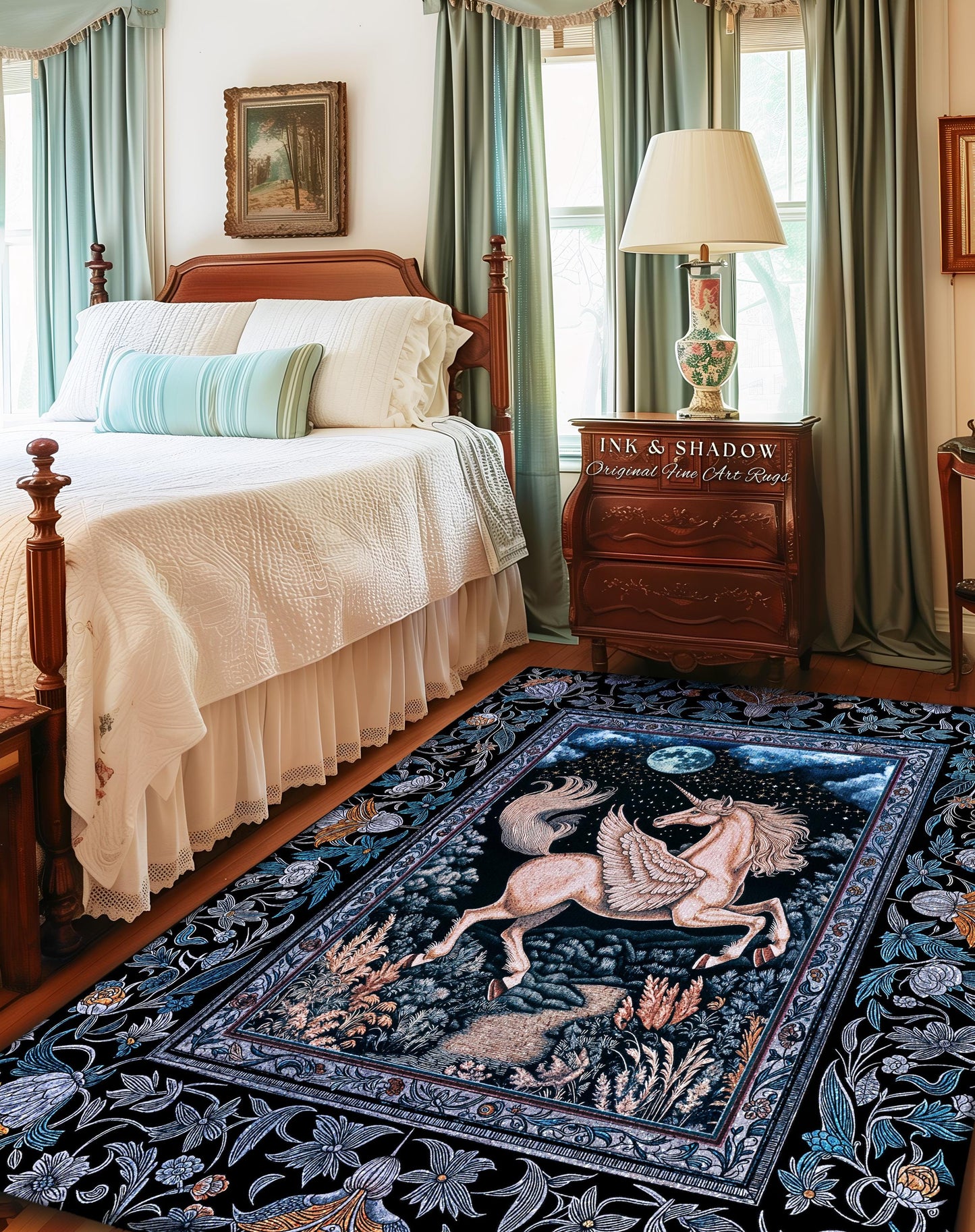 Starlit Blue Pegasus Ethereal Rug | Mystical Castlecore Decor Fairytale Baroque Accent Regal Fantasy Moonlight Forest Maximalist Romantic |