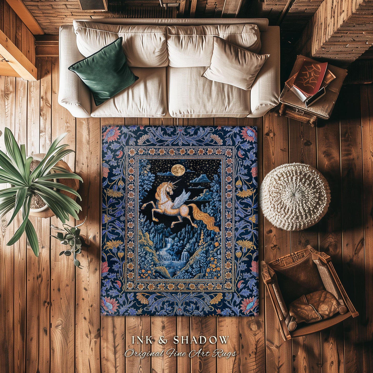 Moody Fantasy Mystic Pegasus Rug | Enchanted Forest Landscape Midnight Sky Unicorn Decor Regal Baroque Fairytale Accent Romantic Castlecore