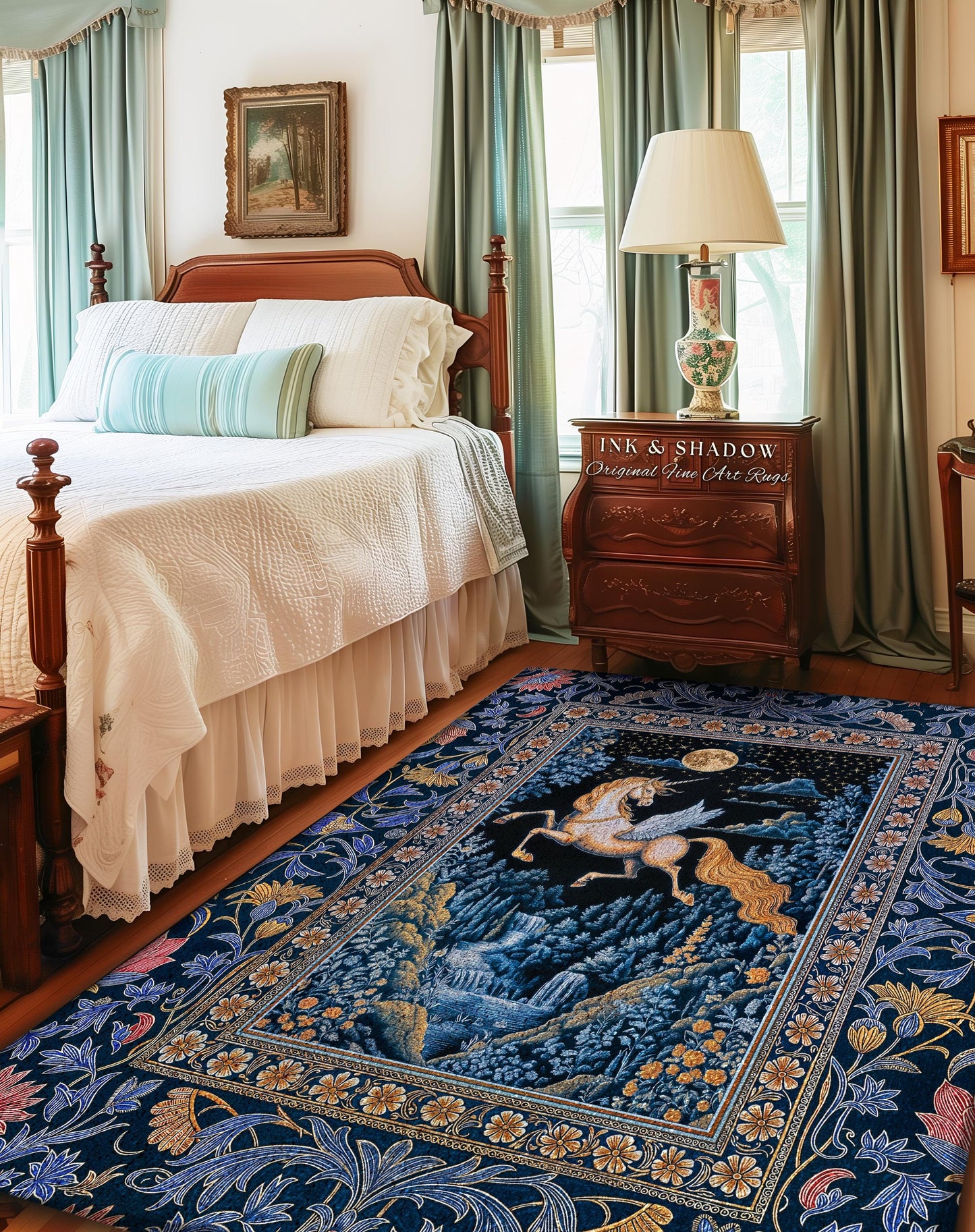 Moody Fantasy Mystic Pegasus Rug | Enchanted Forest Landscape Midnight Sky Unicorn Decor Regal Baroque Fairytale Accent Romantic Castlecore