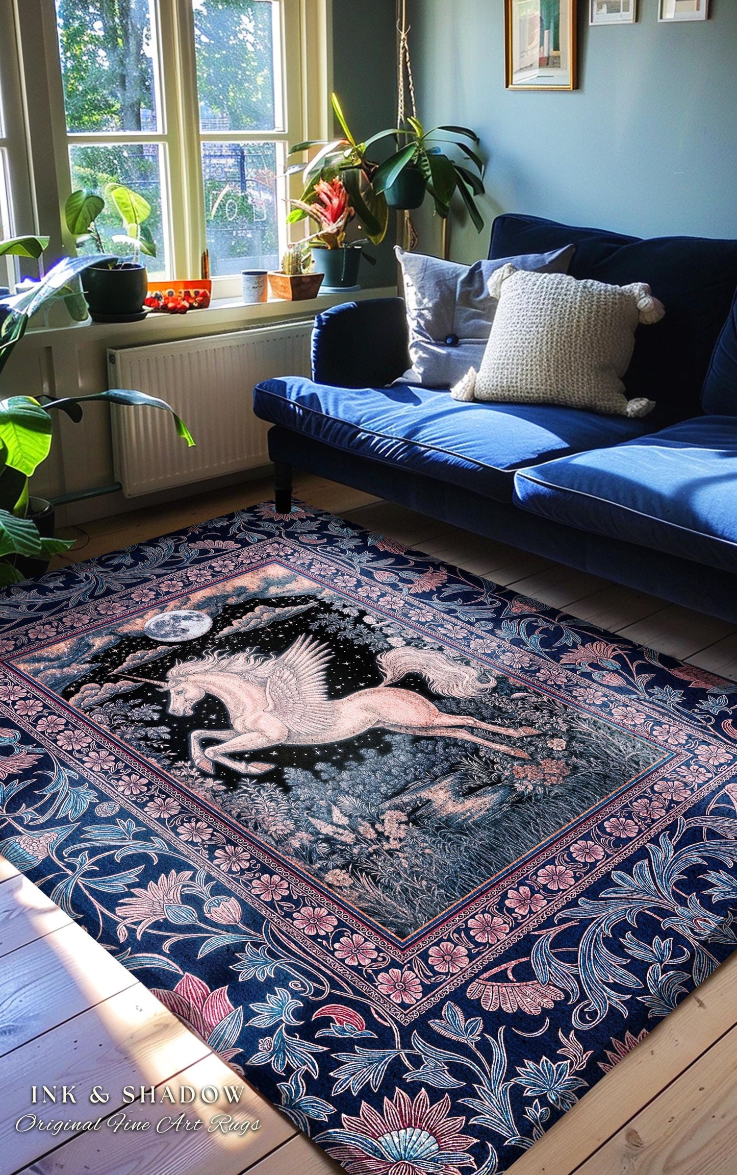 Pastel Dreamy Whimsical Unicorn Rug | Mystical Full Moon Fantasy Decor Baroque Fairytale Accent Regal Pegasus Castlecore Romantic Bedroom |