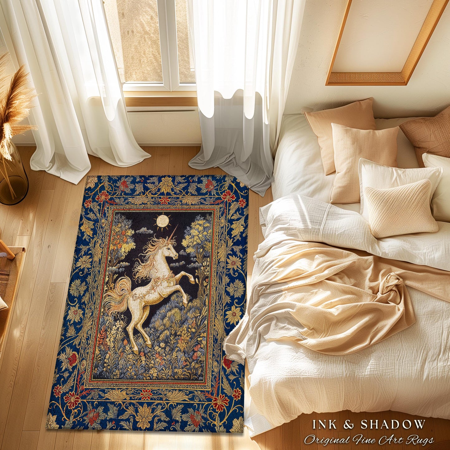 Victorian Unicorn Fairycore Rug | Fairytale Nursery Decor Golden Baroque Home Accent Castlecore Bedroom Romantic Gothic Forest Mystical Rug
