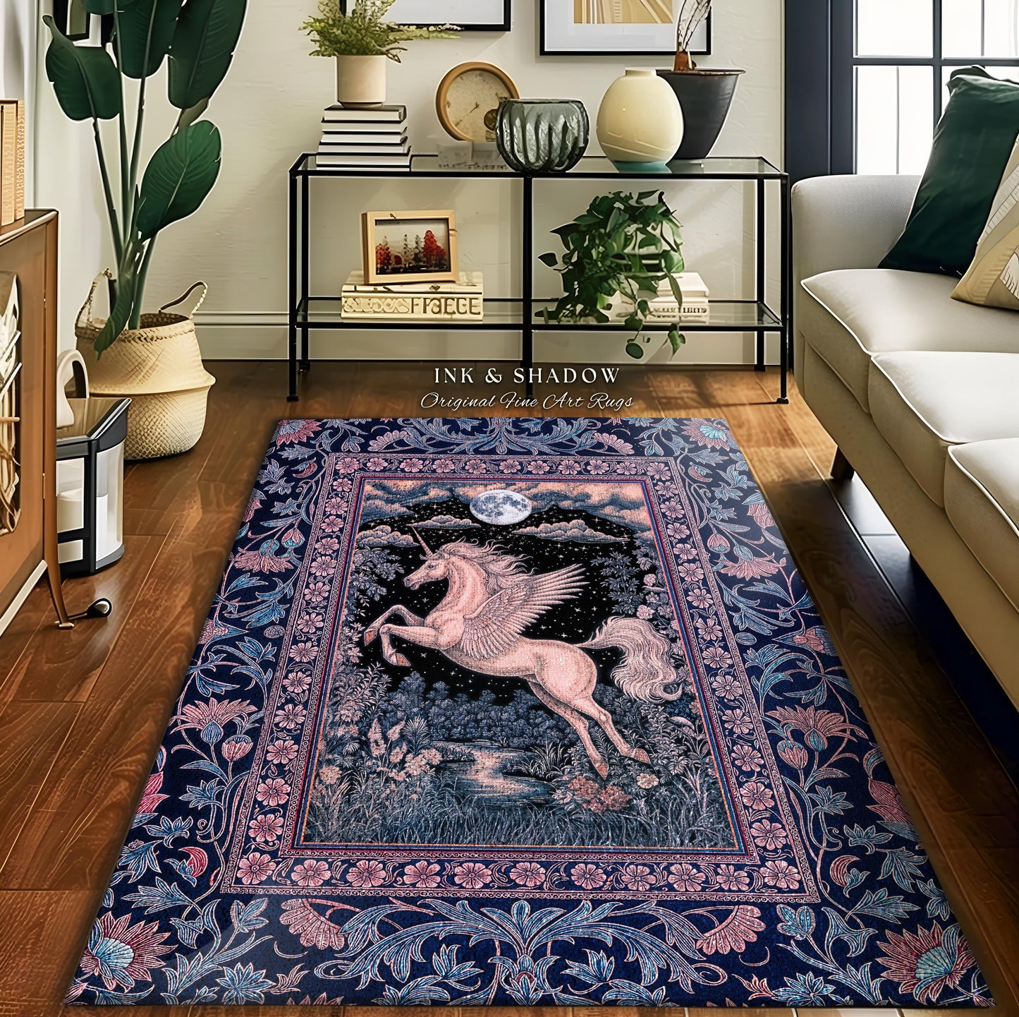 Pastel Dreamy Whimsical Unicorn Rug | Mystical Full Moon Fantasy Decor Baroque Fairytale Accent Regal Pegasus Castlecore Romantic Bedroom |