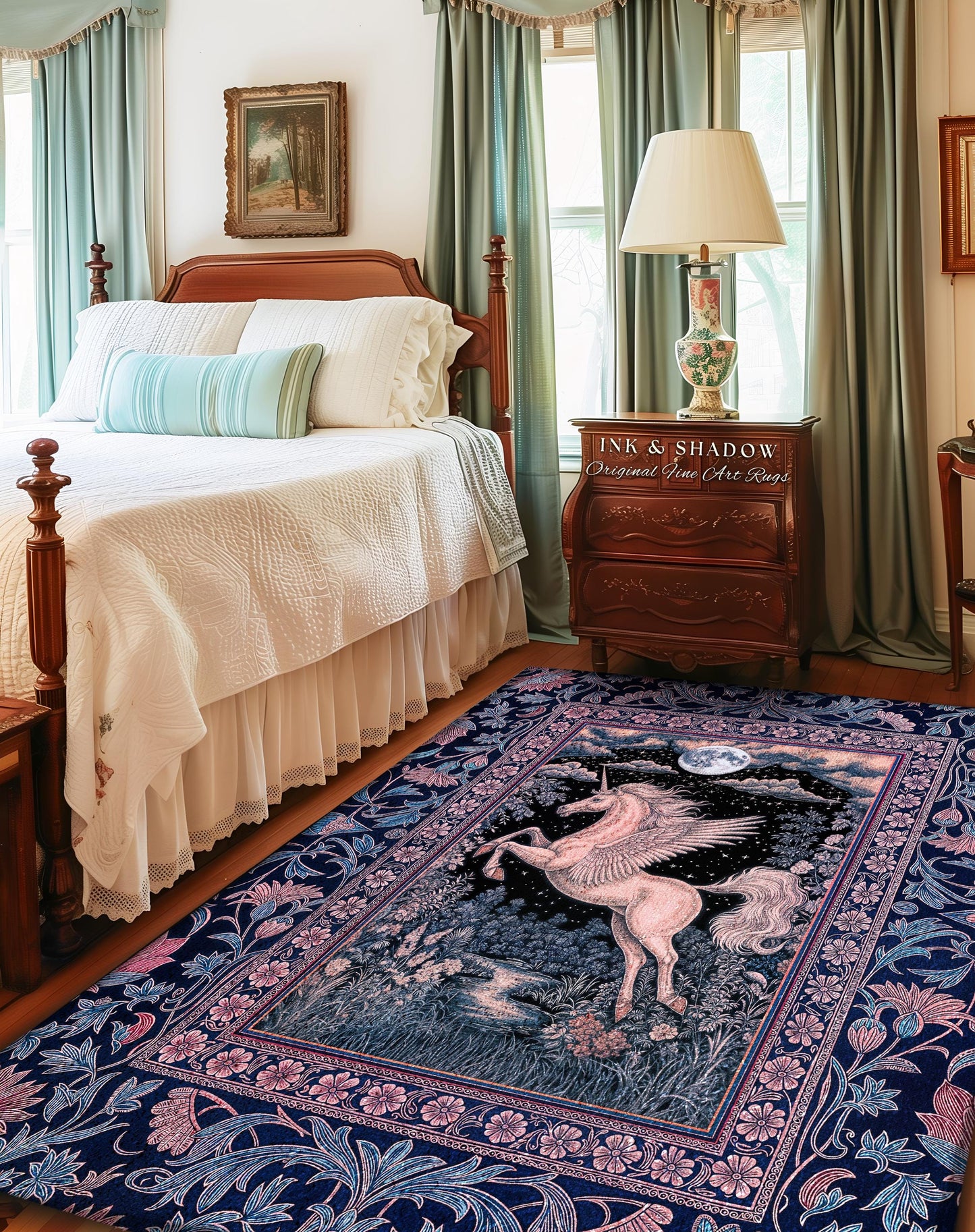 Pastel Dreamy Whimsical Unicorn Rug | Mystical Full Moon Fantasy Decor Baroque Fairytale Accent Regal Pegasus Castlecore Romantic Bedroom |
