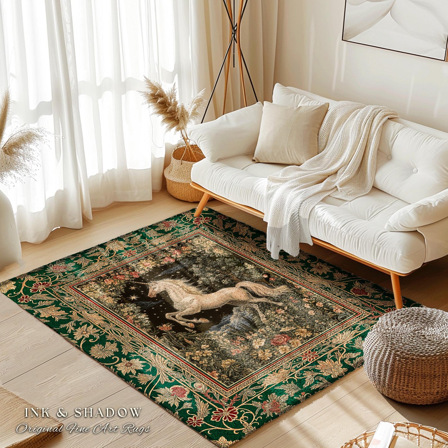 Medieval Fantasy Unicorn Area Rug | Floral Fairytale Pegasus Decor Castlecore Romantic Accent Baroque Style Mystical Forest Gothic Bedroom |