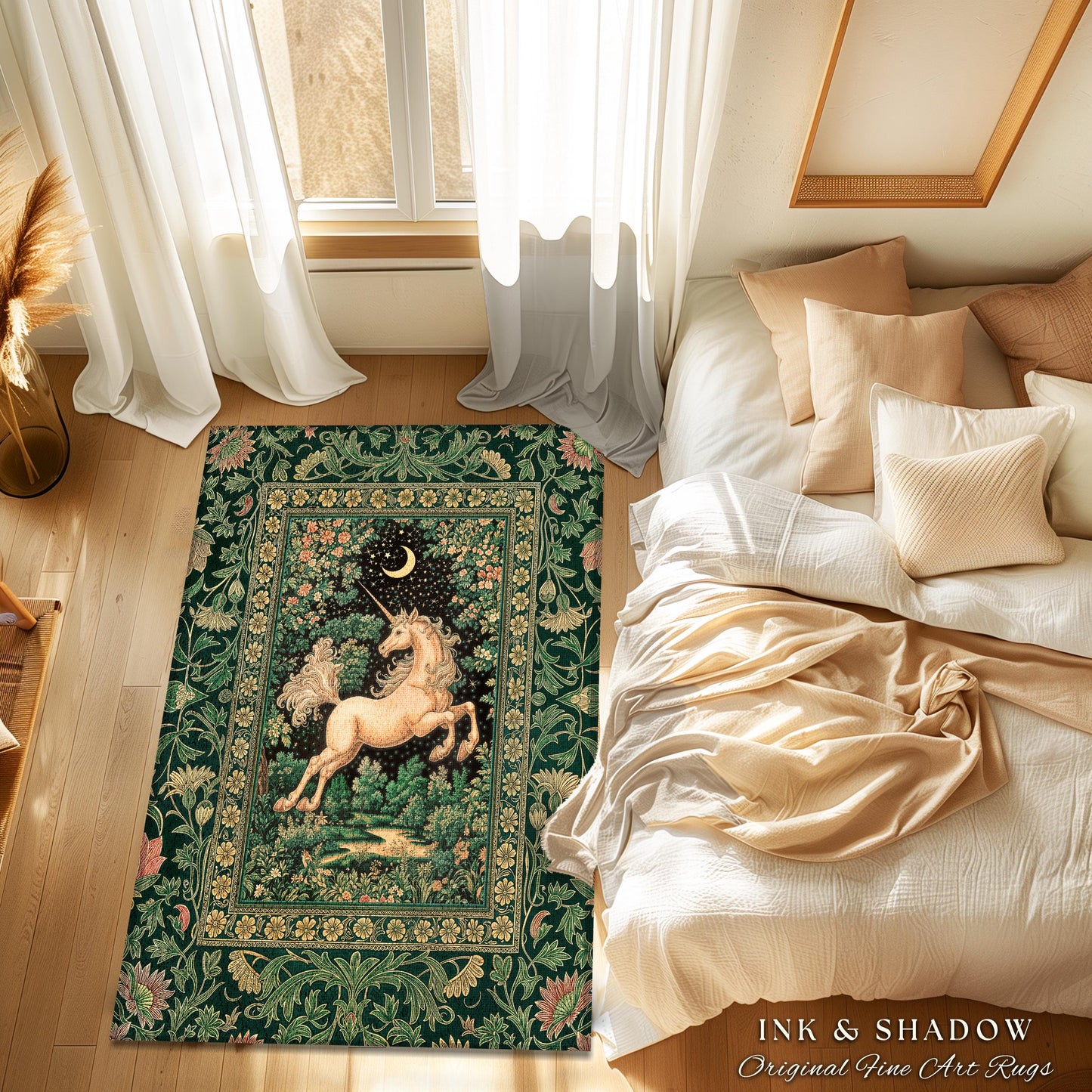 Magic Garden Unicorn Aesthetic Rug | Crescent Moon Cottagecore Pegasus Regal Decor Forest Baroque Accent Castlecore Romantic Mystical Style