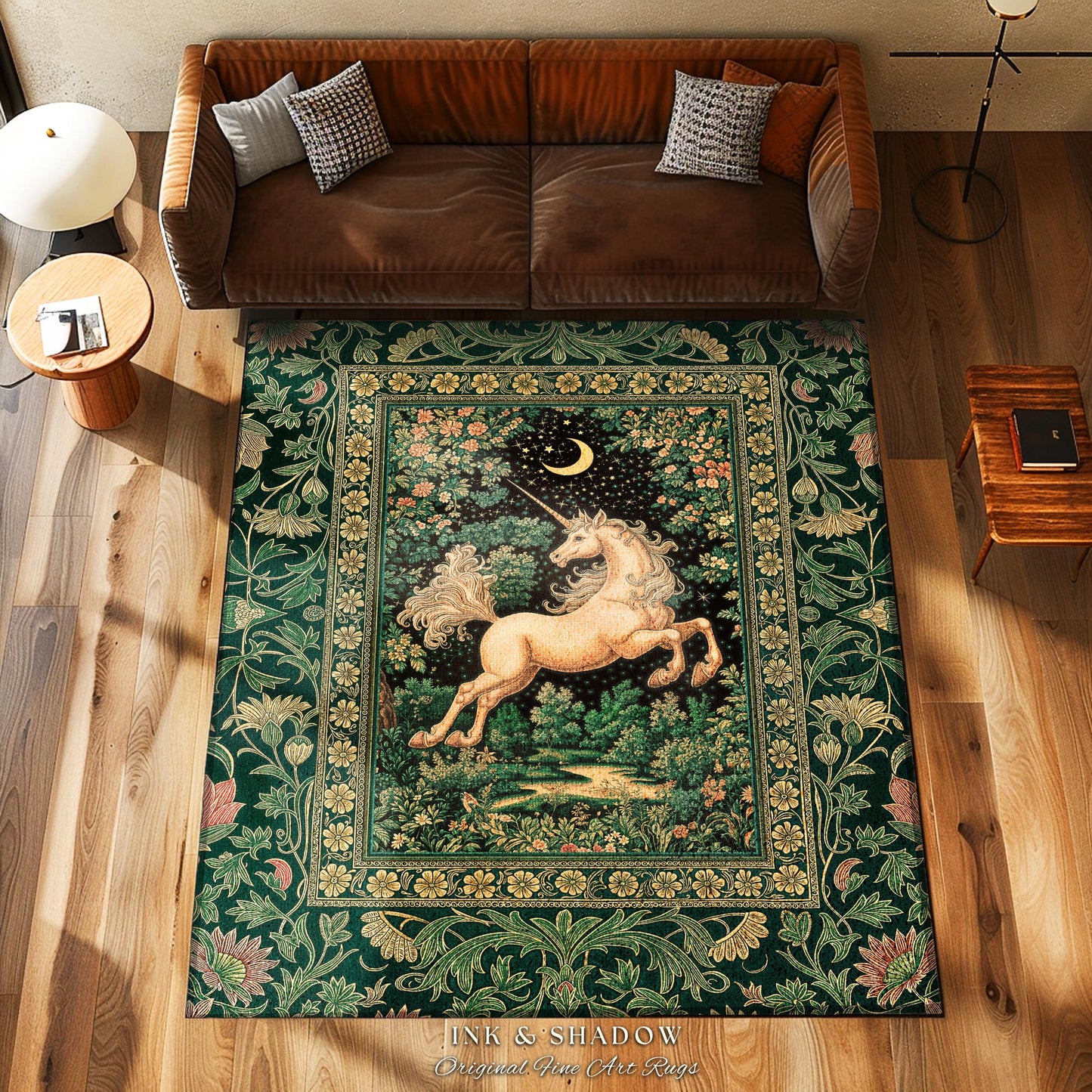 Magic Garden Unicorn Aesthetic Rug | Crescent Moon Cottagecore Pegasus Regal Decor Forest Baroque Accent Castlecore Romantic Mystical Style