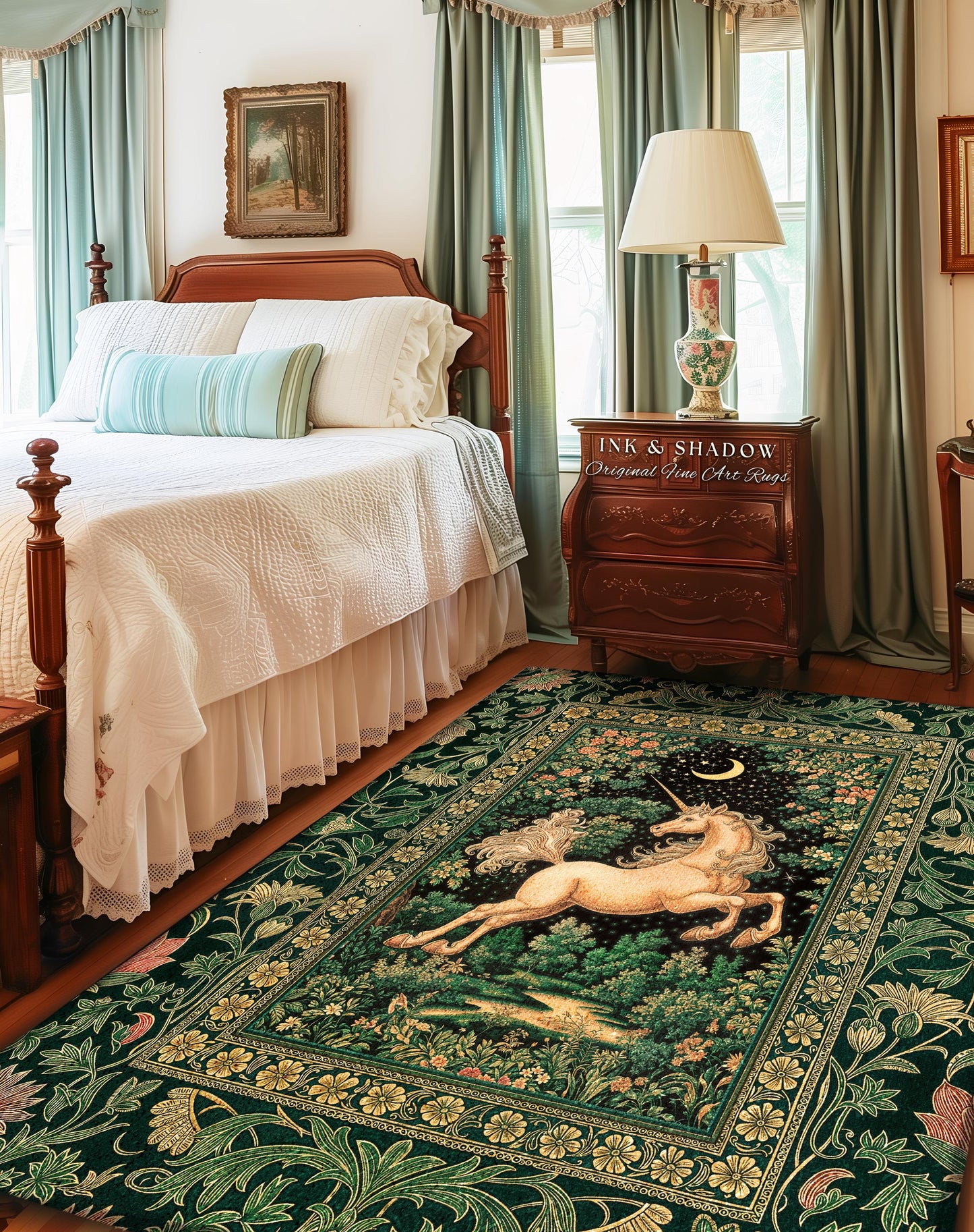 Magic Garden Unicorn Aesthetic Rug | Crescent Moon Cottagecore Pegasus Regal Decor Forest Baroque Accent Castlecore Romantic Mystical Style