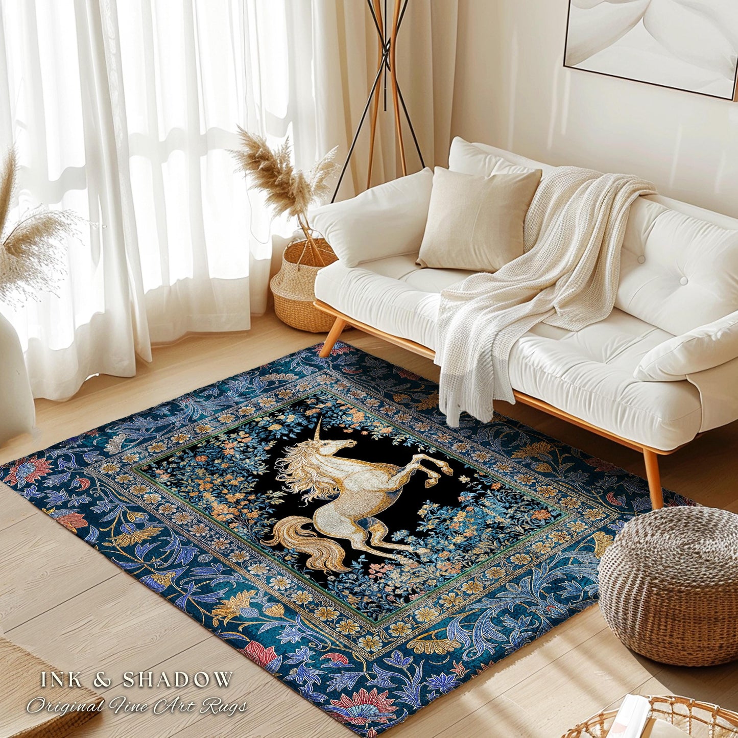 Twilight Floral Ornate Unicorn Rug | Blue Orange Baroque Fairytale Decor Regal Style Romantic Gothic Bedroom Accent Mystical Castlecore Rug