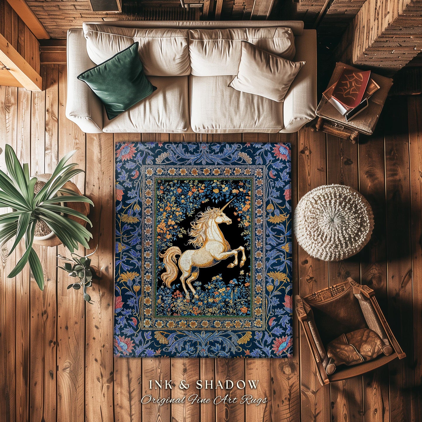 Twilight Floral Ornate Unicorn Rug | Blue Orange Baroque Fairytale Decor Regal Style Romantic Gothic Bedroom Accent Mystical Castlecore Rug