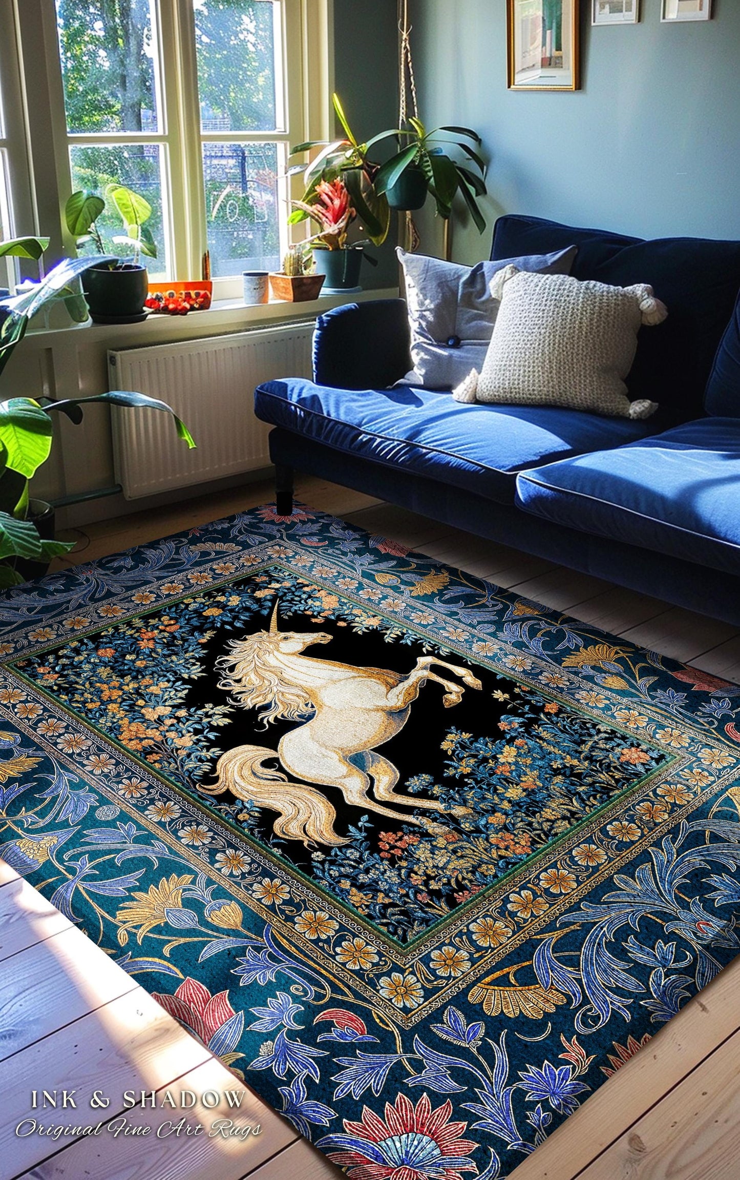 Twilight Floral Ornate Unicorn Rug | Blue Orange Baroque Fairytale Decor Regal Style Romantic Gothic Bedroom Accent Mystical Castlecore Rug