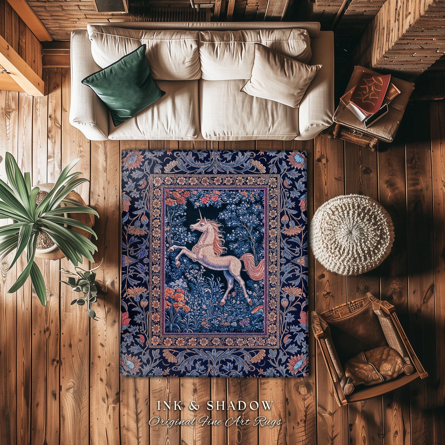Storybook Unicorn Mystic Area Rug | Pastel Blue Forest Pegasus Accent Fairytale Baroque Decor Romantic Bedroom Mystical Cottagecore Regal