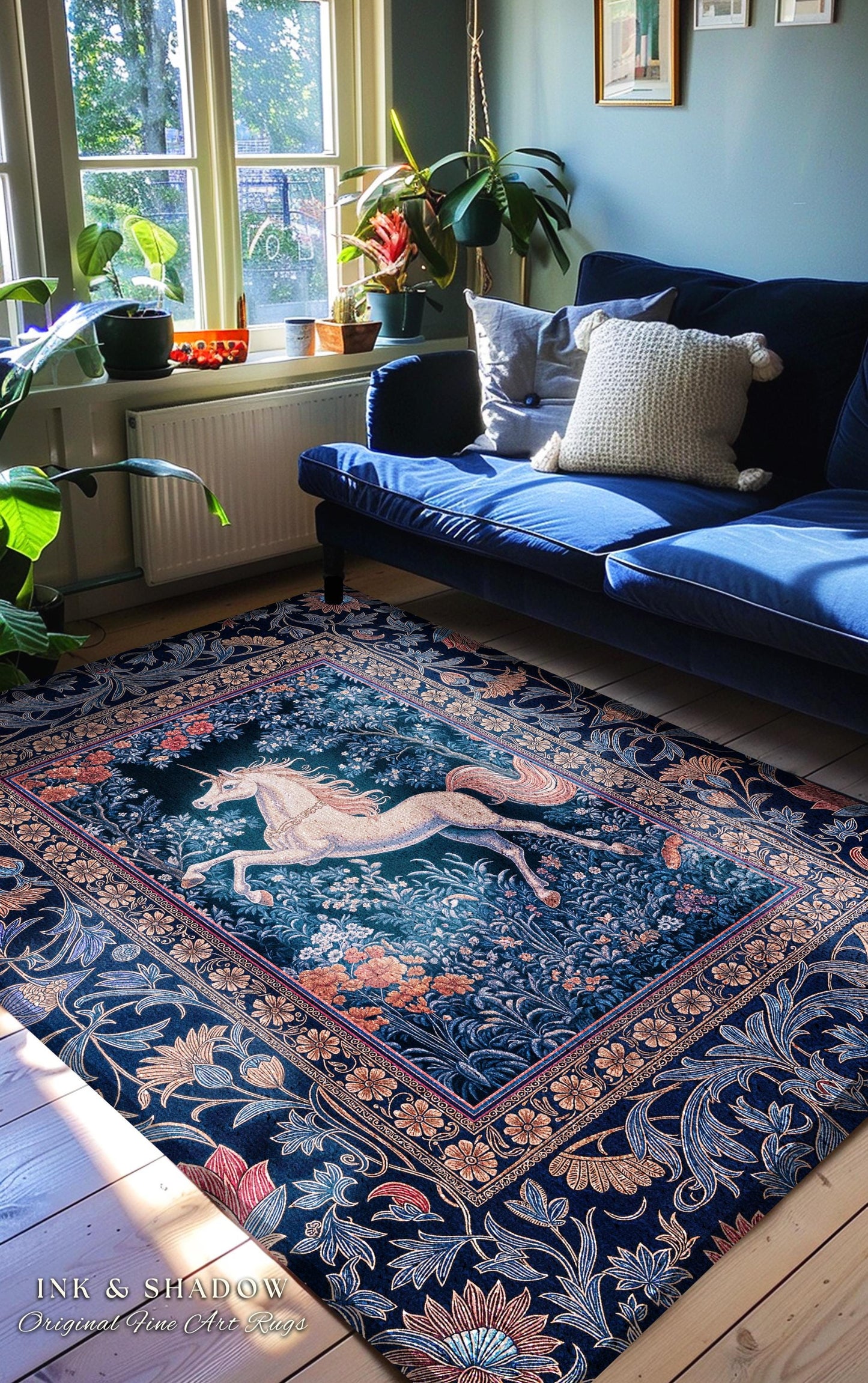 Storybook Unicorn Mystic Area Rug | Pastel Blue Forest Pegasus Accent Fairytale Baroque Decor Romantic Bedroom Mystical Cottagecore Regal