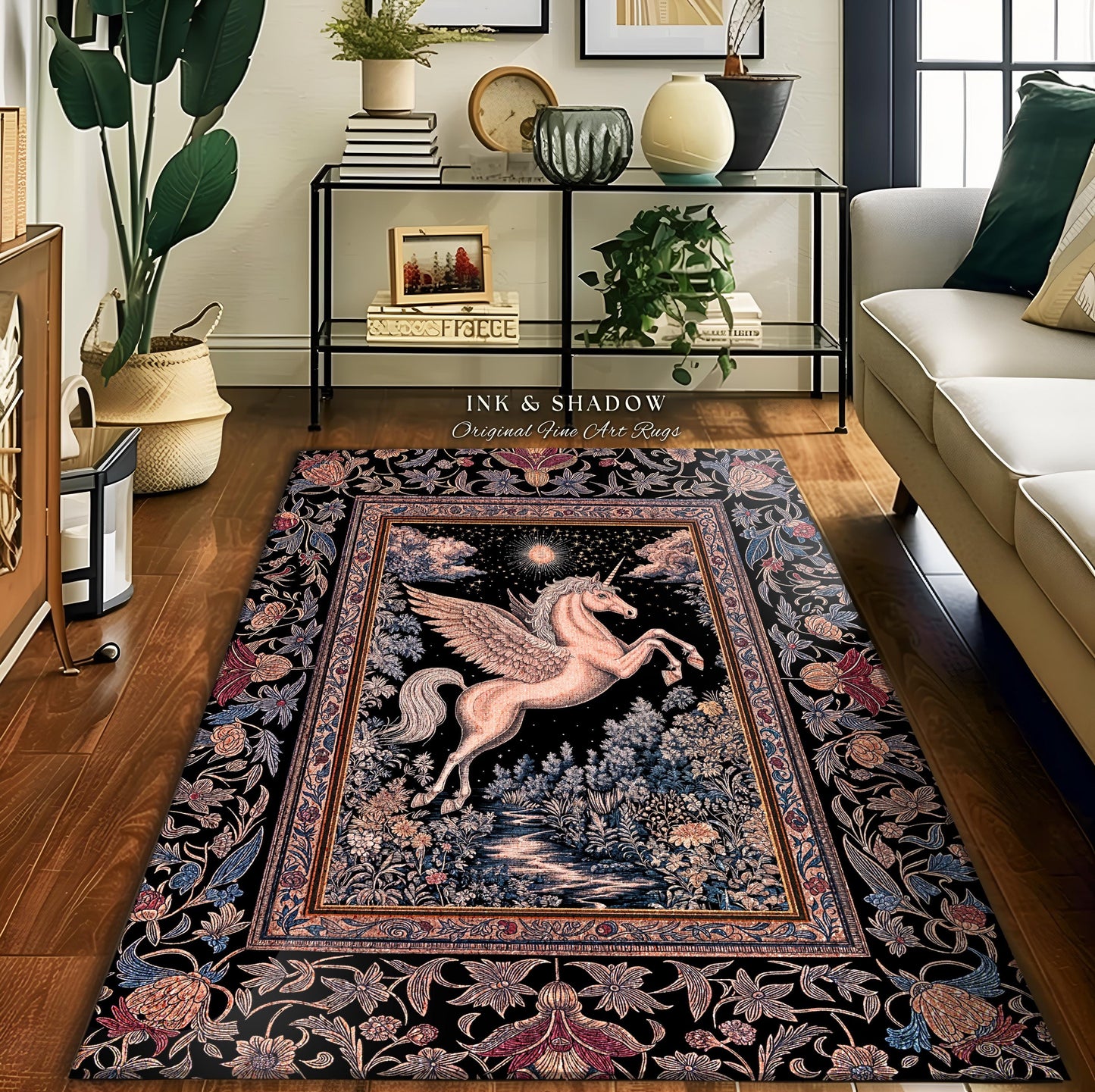 Fairytale Unicorn Fantasy Forest Area Rug | Maximalist Royalcore Decor Pink Castle Theme Gothic Bedroom Pegasus Baroque Fantasy Boho Accent
