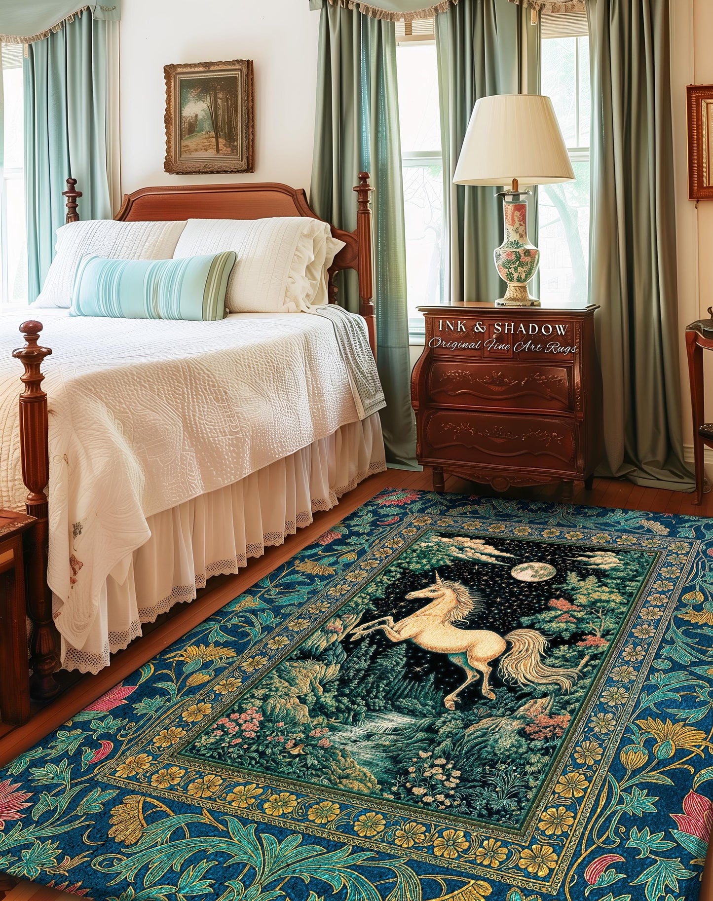 Unicorn Meadow Magical Aesthetic Rug | Castlecore Forest Fantasy Decor Fairytale Accent Regal Mystical Baroque Bedroom Regency Style Decor