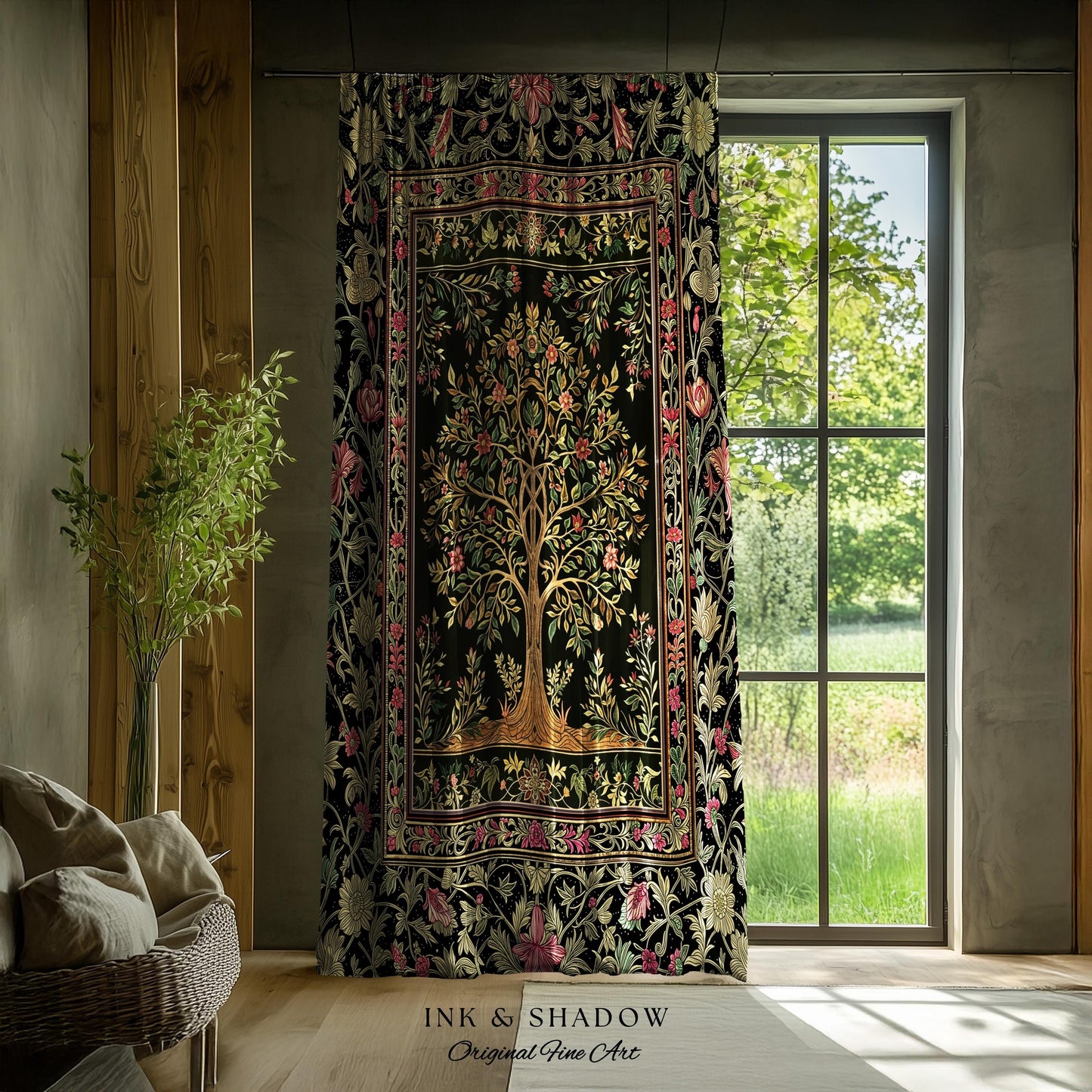 Art Nouveau Maximalist Tree Curtains | Ornate Botanical Drapes Tree of Life Motif Medieval Floral Pattern Romantic Style Morris Inspired |