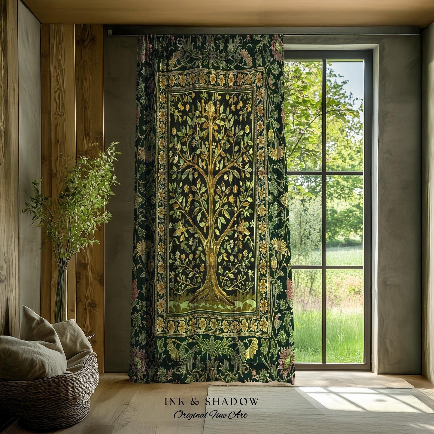 Golden Aesthetic Tree of Life Curtains | Emerald Botanical Decor Romantic Folklore Gothic Tapestry Style Vintage Floral Maximalist Drapes |