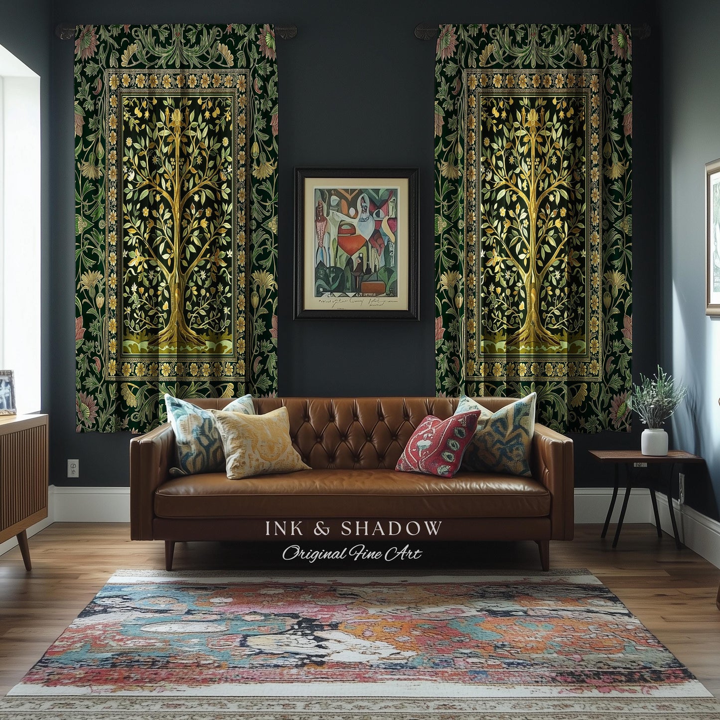 Golden Aesthetic Tree of Life Curtains | Emerald Botanical Decor Romantic Folklore Gothic Tapestry Style Vintage Floral Maximalist Drapes |