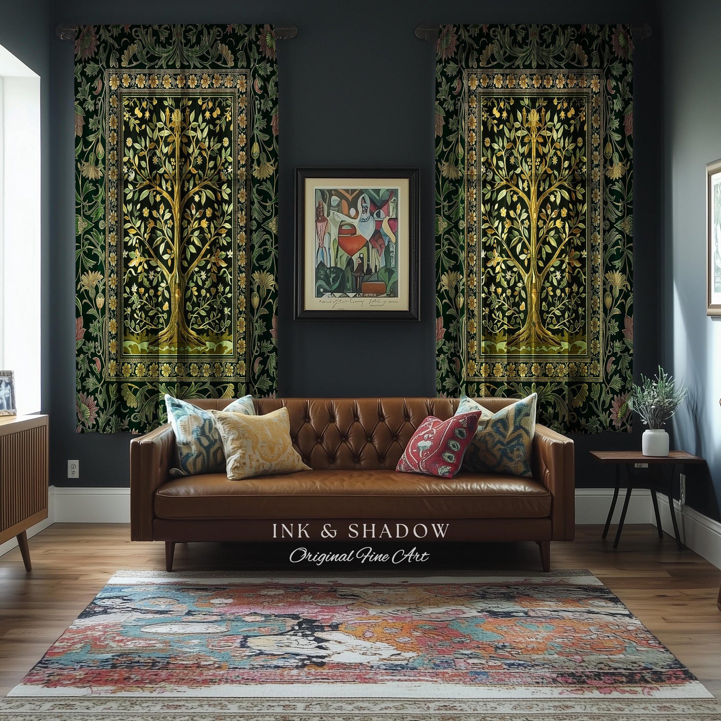 Golden Aesthetic Tree of Life Curtains | Emerald Botanical Decor Romantic Folklore Gothic Tapestry Style Vintage Floral Maximalist Drapes |