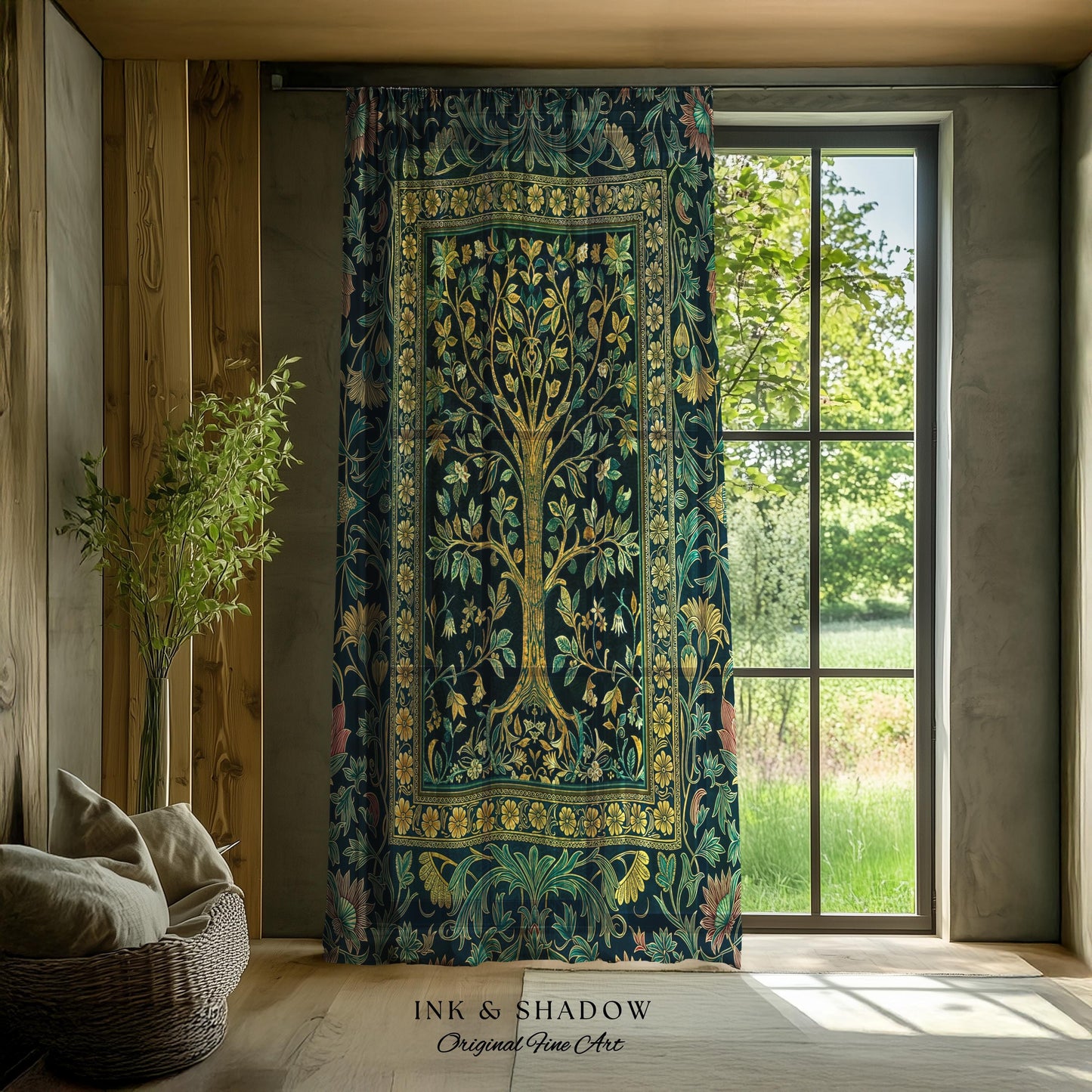 Elegant Cool Toned Tree Curtain | Enchanted Bohemian Decor Ornate Botanical Accent Romantic Maximalist Gothic Style Living Room Drapes Boho