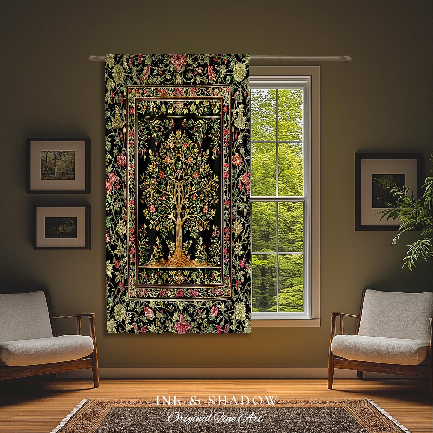 Art Nouveau Maximalist Tree Curtains | Ornate Botanical Drapes Tree of Life Motif Medieval Floral Pattern Romantic Style Morris Inspired |