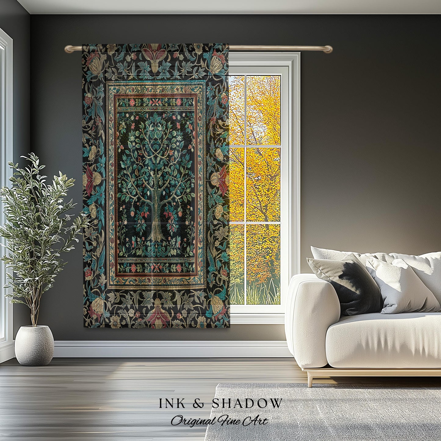 Mystic Ornamental Morris Inspired Tree Curtain | Cool Tones Botanical Design Fairytale Floral Drapes Romantic Aesthetic Rococo Cottagecore |