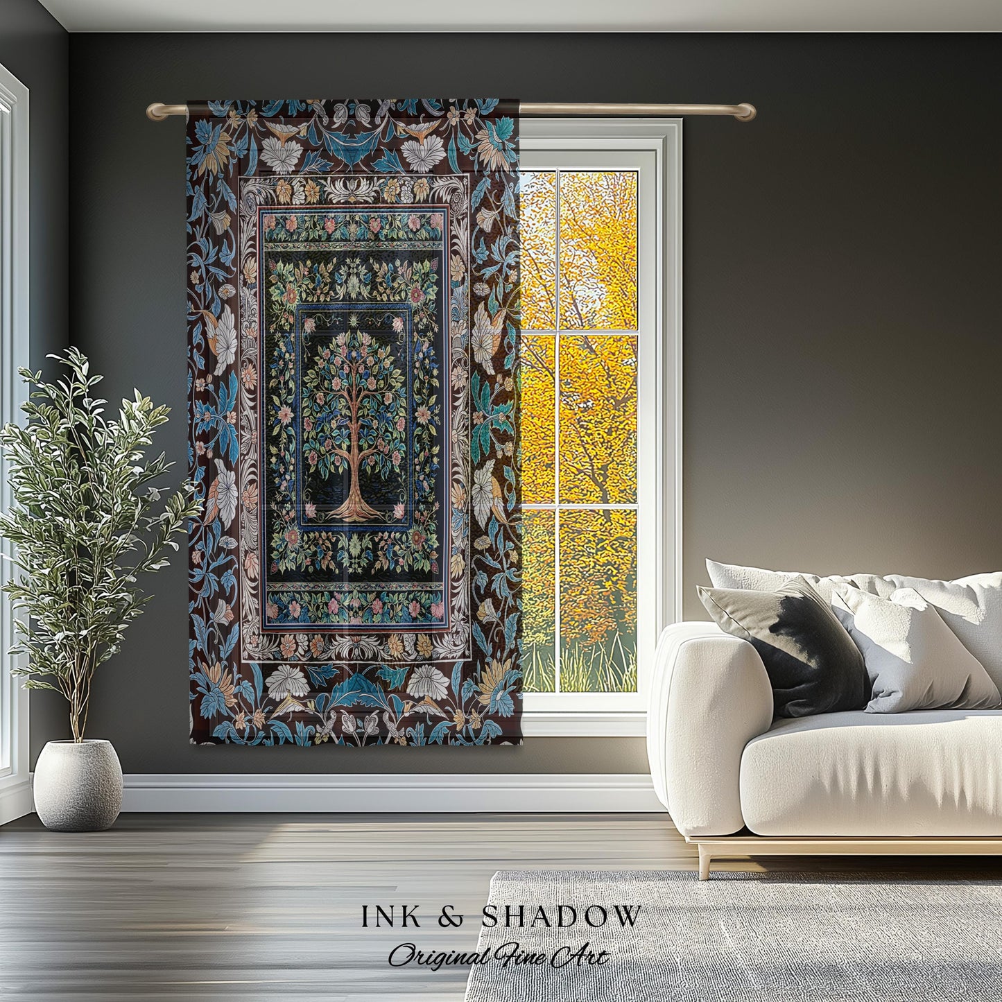 Ornate Grove Tree of Life Curtain | Lush Floral Detailing Heirloom Tapestry Drapes Baroque Nature Theme Cottagecore Living Room Decor Accent