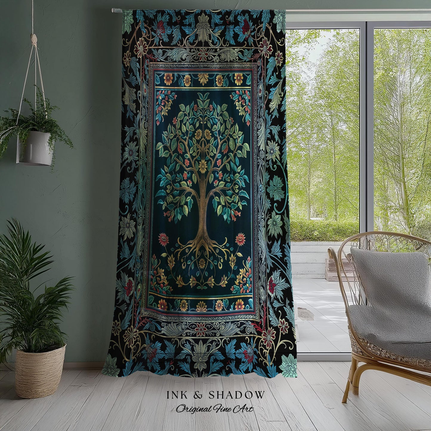 Moody Gothic Blues Tree of Life Curtain | Mystical Garden Theme Vintage Floral Decor Romantic Folk Art Forestcore Maximalist Bedroom Drapes