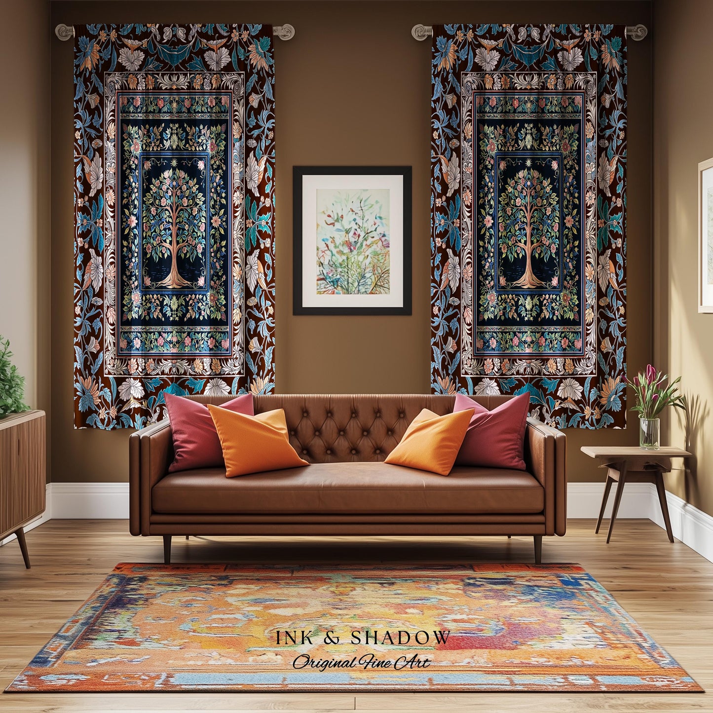 Ornate Grove Tree of Life Curtain | Lush Floral Detailing Heirloom Tapestry Drapes Baroque Nature Theme Cottagecore Living Room Decor Accent