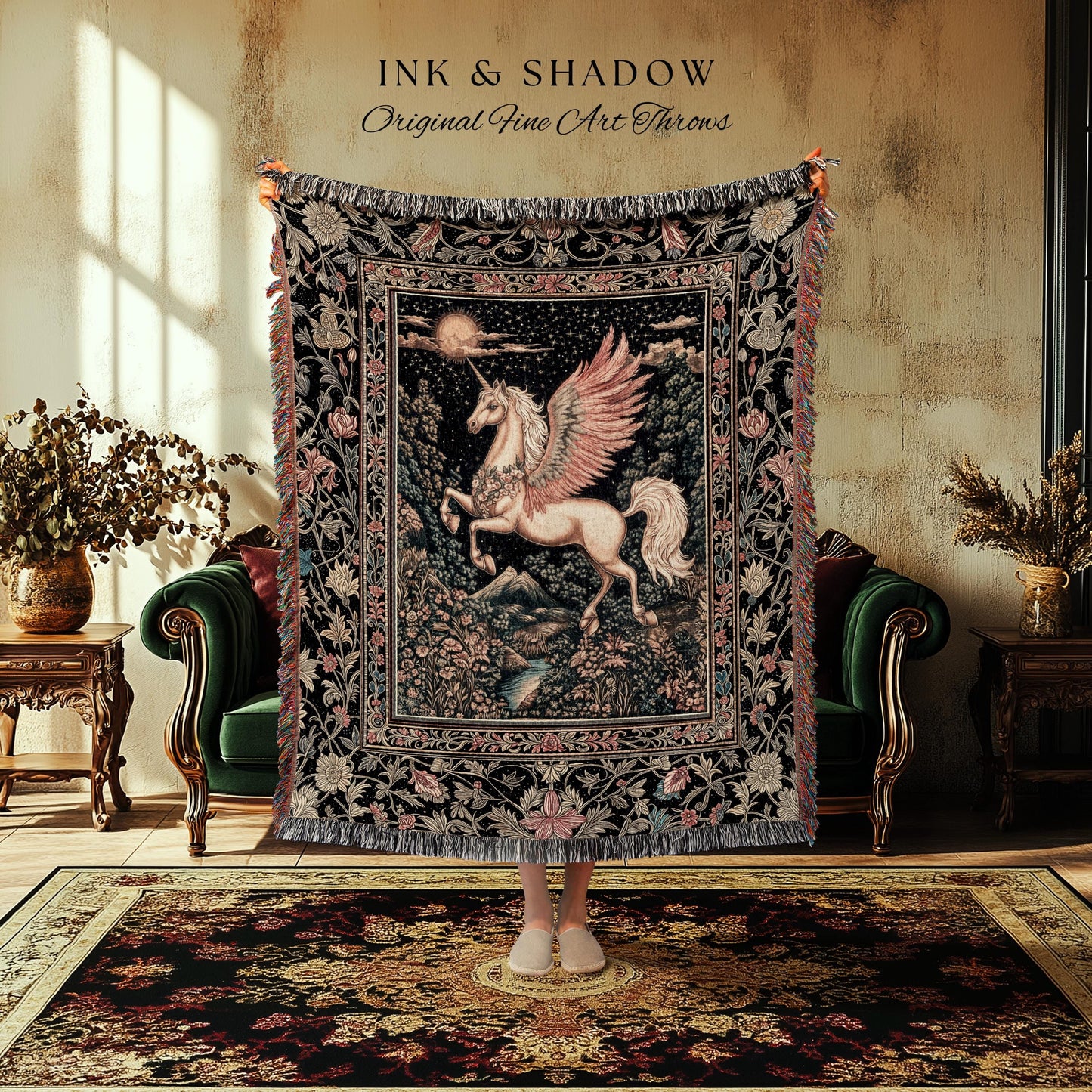 Mystical Pegasus Castlecore Throw Blanket | Coral Wing Unicorn Decor Fantasy Regal Fairytale Cottagecore Baroque Romantic Gothic Tapestry |