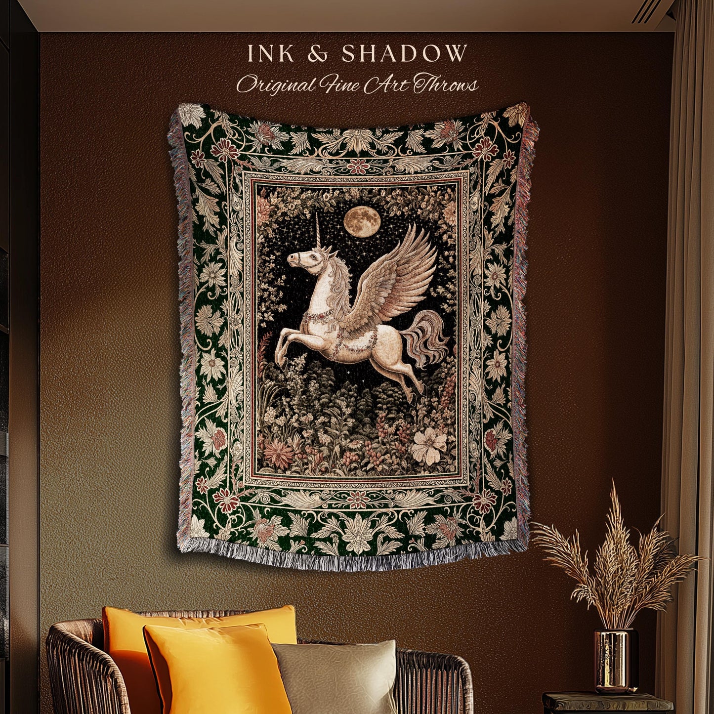 Baroque Flying Unicorn Throw Blanket | Enchanted Forest Pegasus Fairytale Decor Castle Aesthetic Maximalist Regal Tapestry Fantasy Gothic |