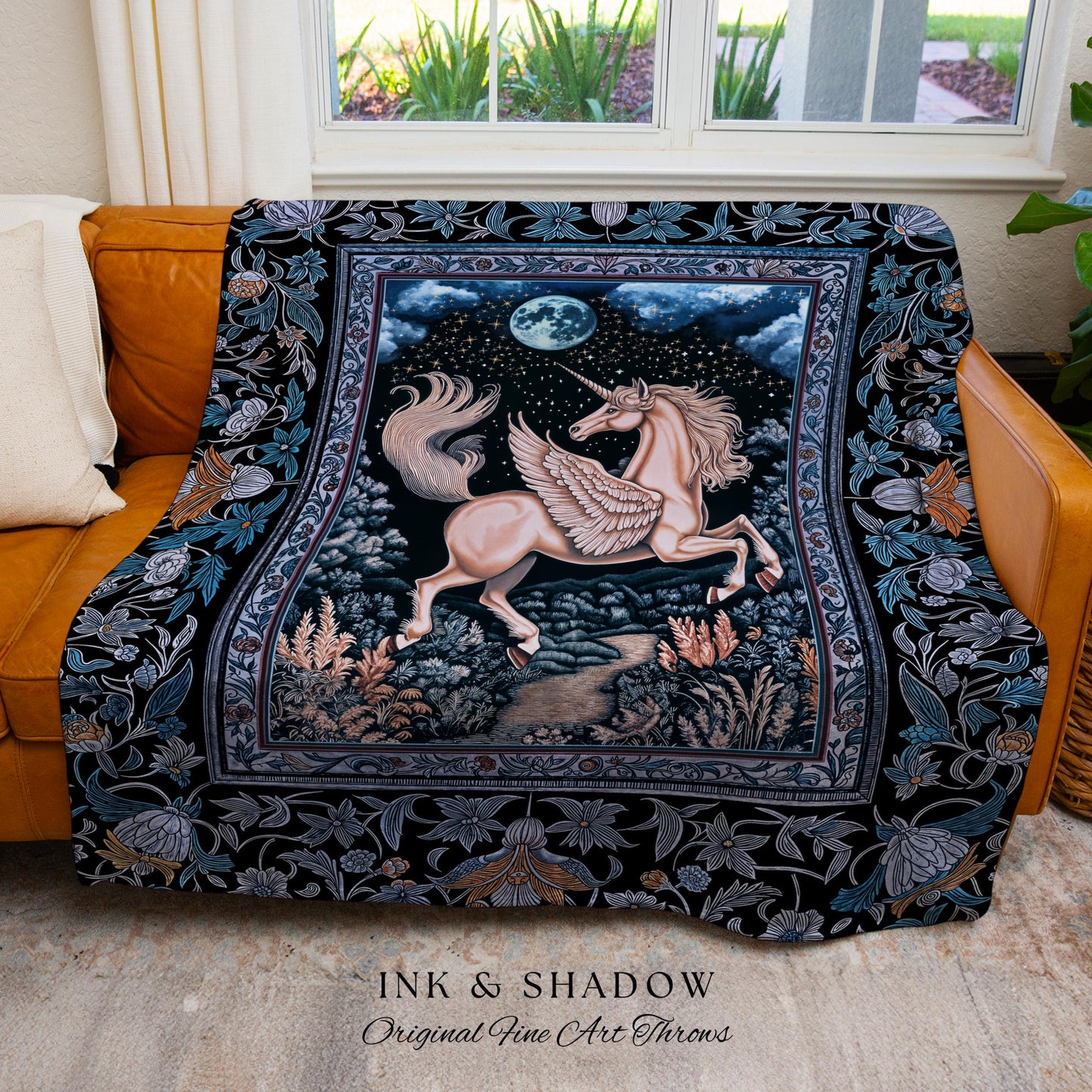 Starlit Blue Pegasus Ethereal Throw | Mystical Castlecore Decor Fairytale Baroque Woven Tapestry Blanket Regal Fantasy Moonlight Forest |