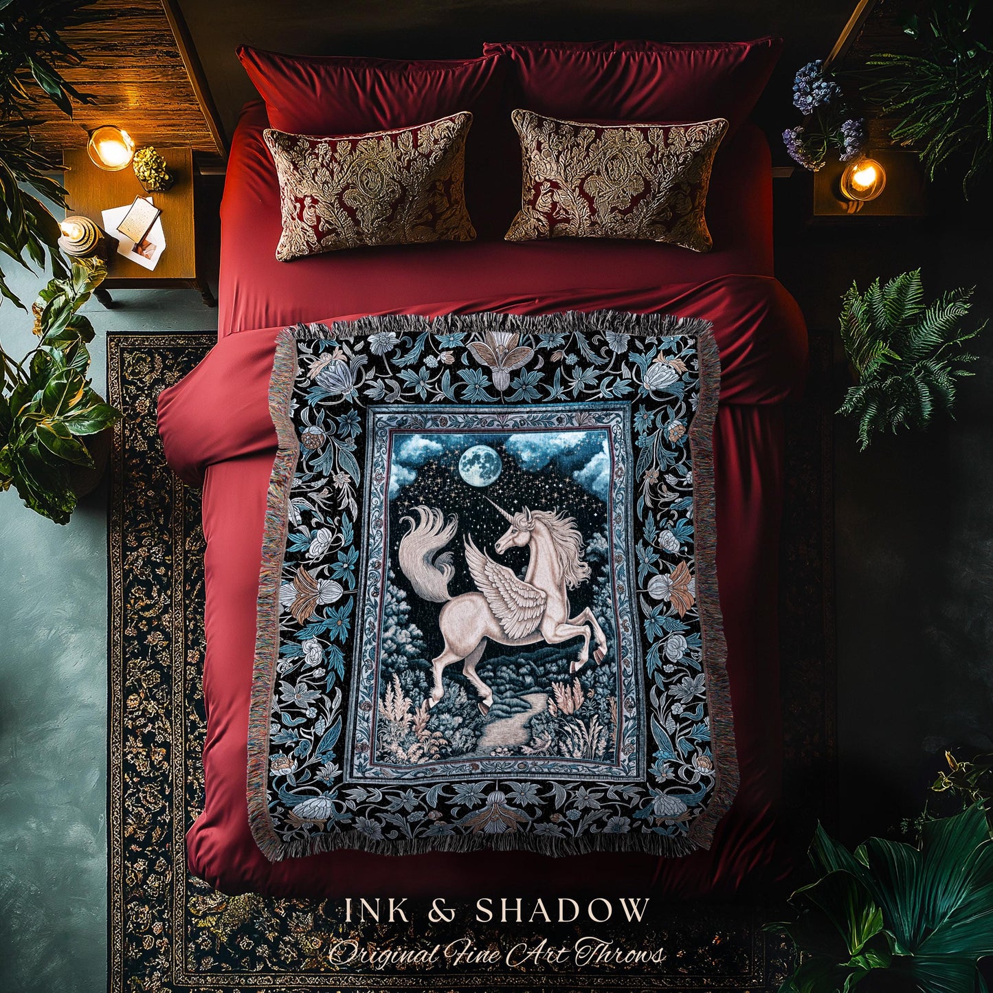 Starlit Blue Pegasus Ethereal Throw | Mystical Castlecore Decor Fairytale Baroque Woven Tapestry Blanket Regal Fantasy Moonlight Forest |