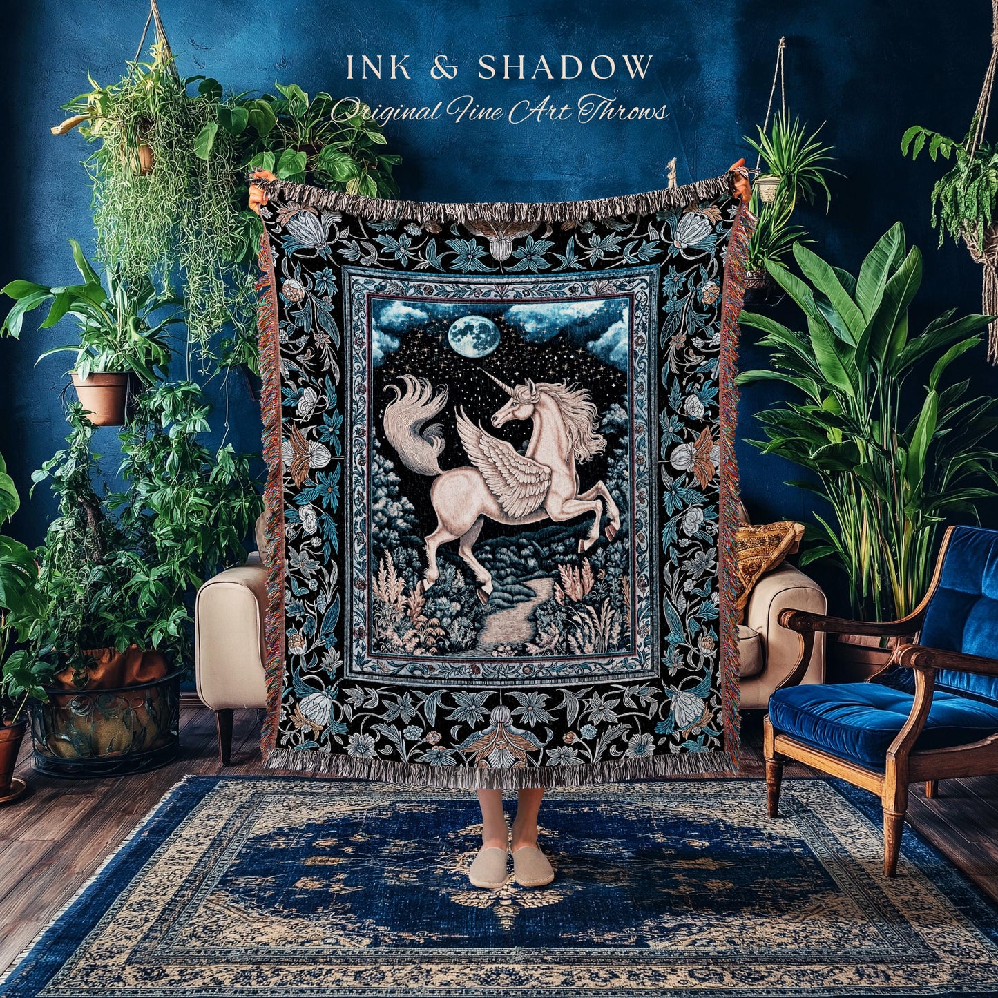 Starlit Blue Pegasus Ethereal Throw | Mystical Castlecore Decor Fairytale Baroque Woven Tapestry Blanket Regal Fantasy Moonlight Forest |
