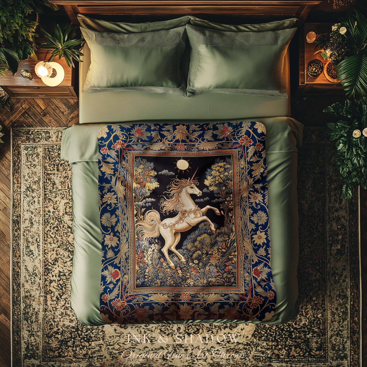 Victorian Unicorn Fairycore Blanket | Fairytale Nursery Decor Golden Baroque Woven Tapestry Castlecore Bedroom Romantic Forest Mystical |