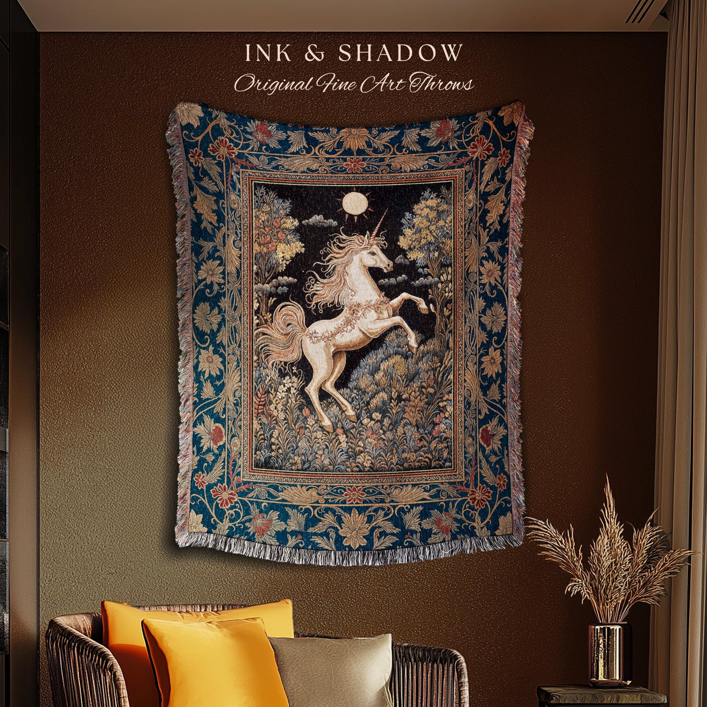 Victorian Unicorn Fairycore Blanket | Fairytale Nursery Decor Golden Baroque Woven Tapestry Castlecore Bedroom Romantic Forest Mystical |
