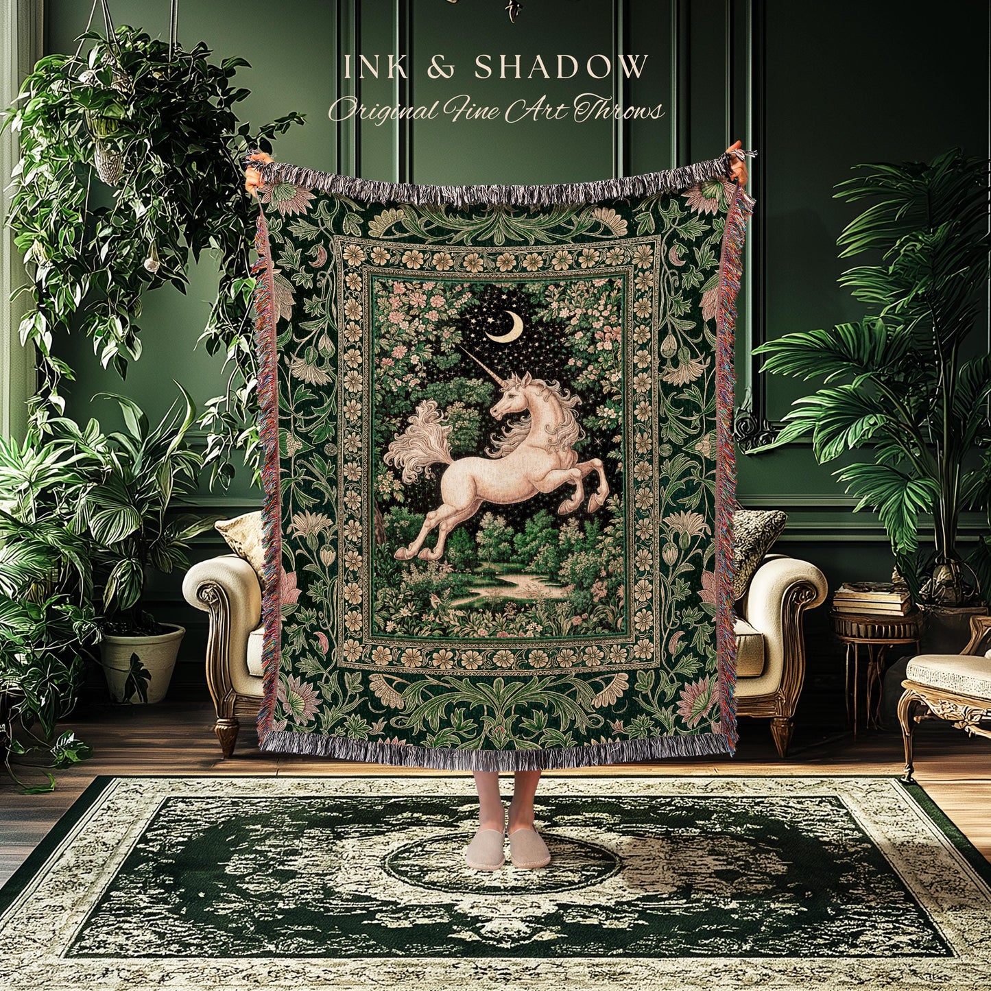 Magic Garden Unicorn Aesthetic Blanket | Crescent Moon Cottagecore Pegasus Regal Decor Forest Baroque Tapestry Castlecore Romantic Mystical