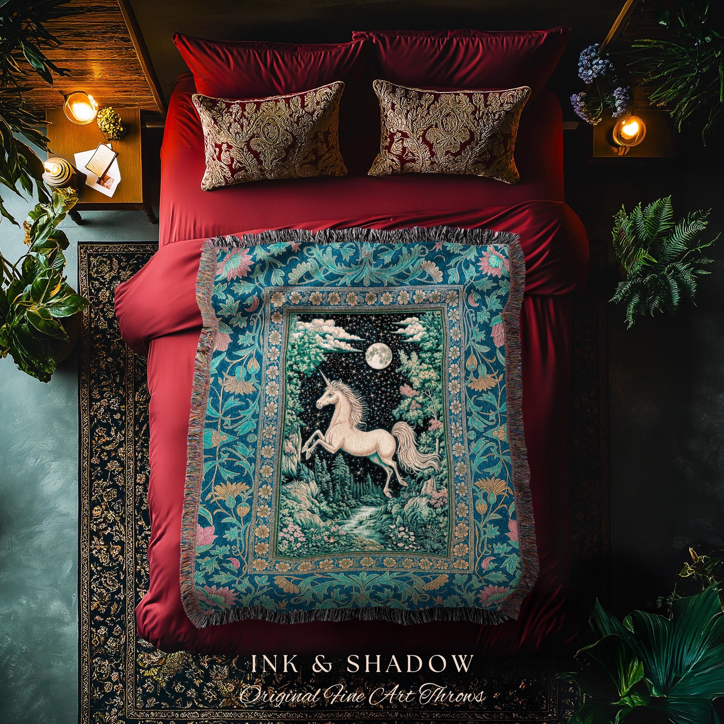 Unicorn Meadow Magical Aesthetic Throw | Castlecore Forest Fantasy Decor Fairytale Accent Regal Mystical Baroque Tapestry Regency Style Boho