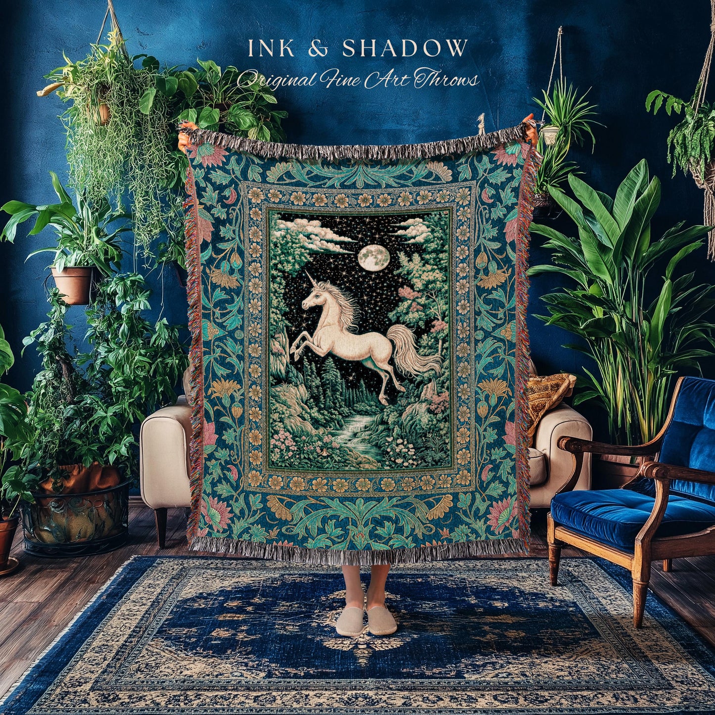 Unicorn Meadow Magical Aesthetic Throw | Castlecore Forest Fantasy Decor Fairytale Accent Regal Mystical Baroque Tapestry Regency Style Boho