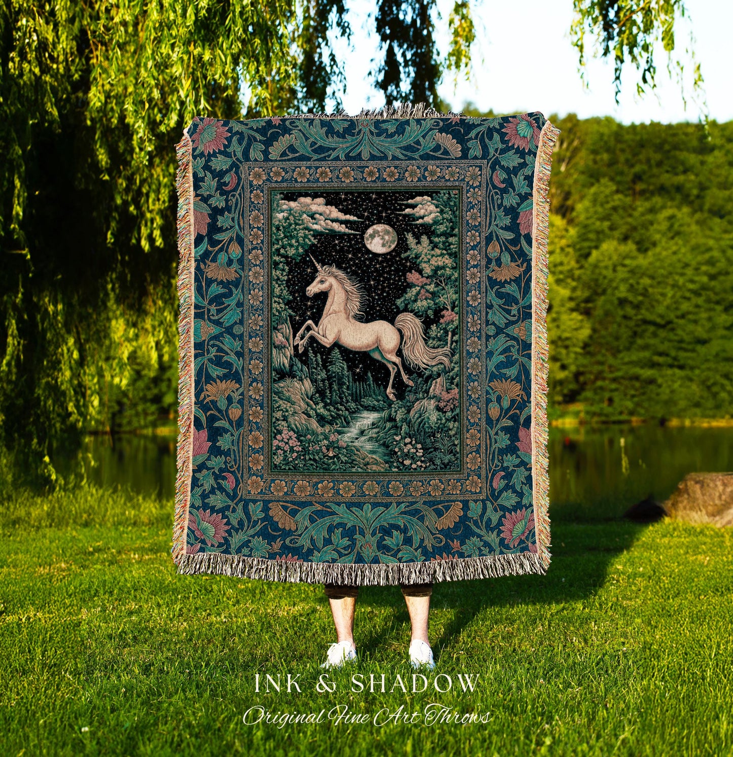 Unicorn Meadow Magical Aesthetic Throw | Castlecore Forest Fantasy Decor Fairytale Accent Regal Mystical Baroque Tapestry Regency Style Boho