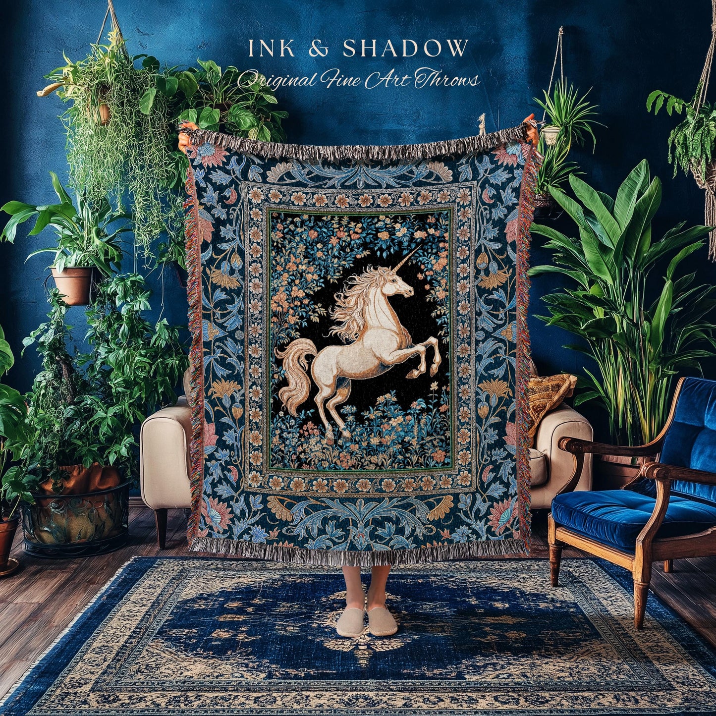 Twilight Floral Ornate Unicorn Tapestry | Blue Orange Baroque Fairytale Decor Regal Style Romantic Gothic Throw Blanket Accent Mystical |